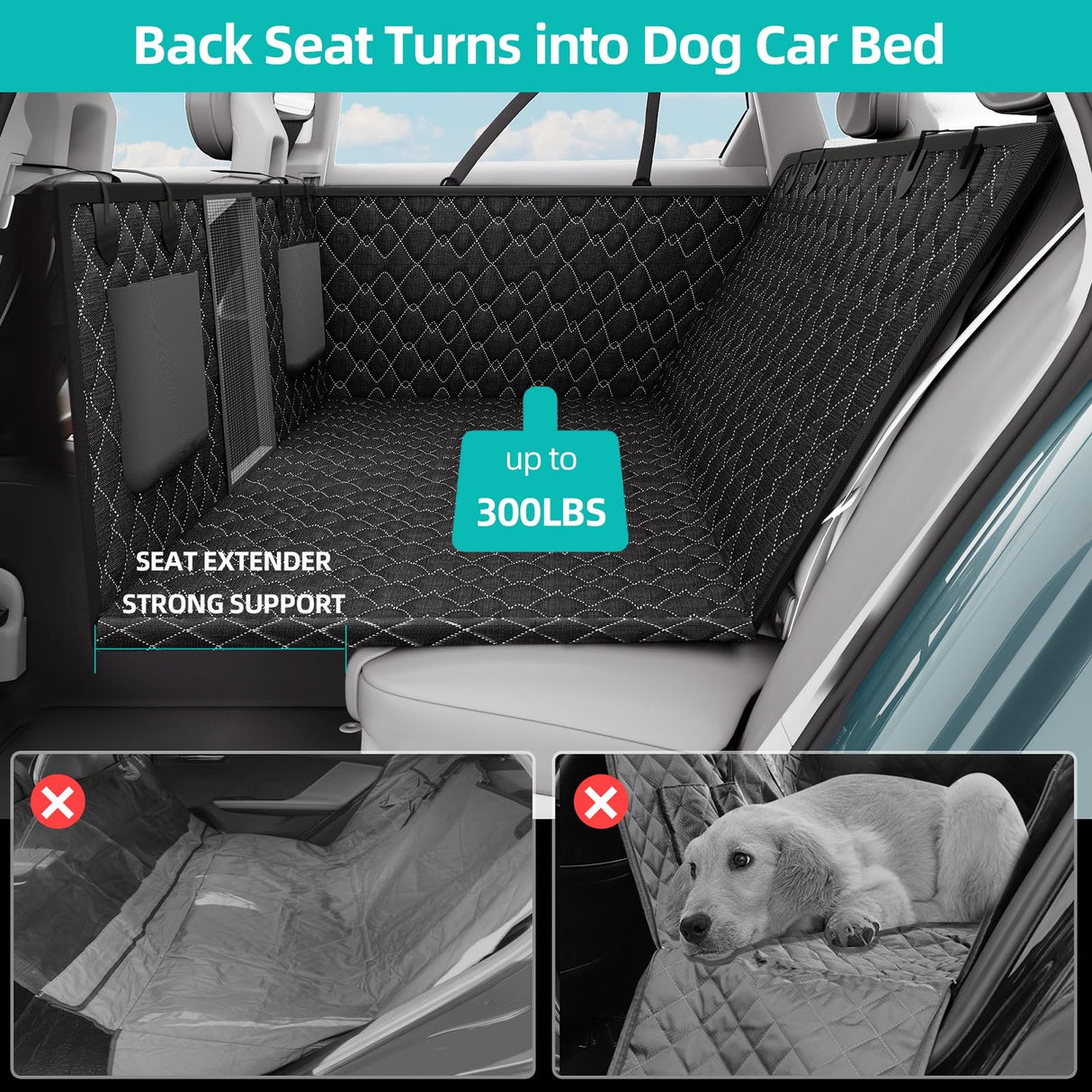 Petiza Back Seat Extender for Dogs Hard Bottom Dog Car Seat Cover for Back Seat Heavy Duty Scratch Proof Nonslip Durable Soft 100% Waterproof Dog Hammock for Car Truck SUV
