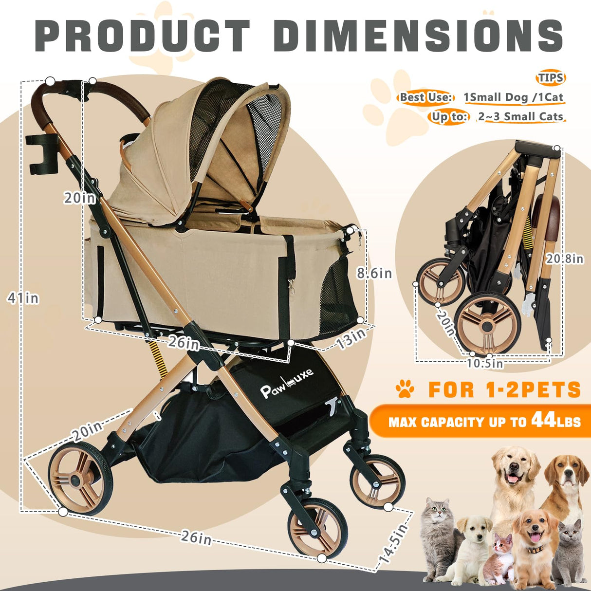 PawLuxe Dog Stroller, 4 in 1 Detachable Carrier & Car Seat, All-Terrain Wheels with Shock Absorption, Dog/Cat Strollers for Small/Medium Pets Up to 44 lbs, Lightweight Portable Foldable,Black
