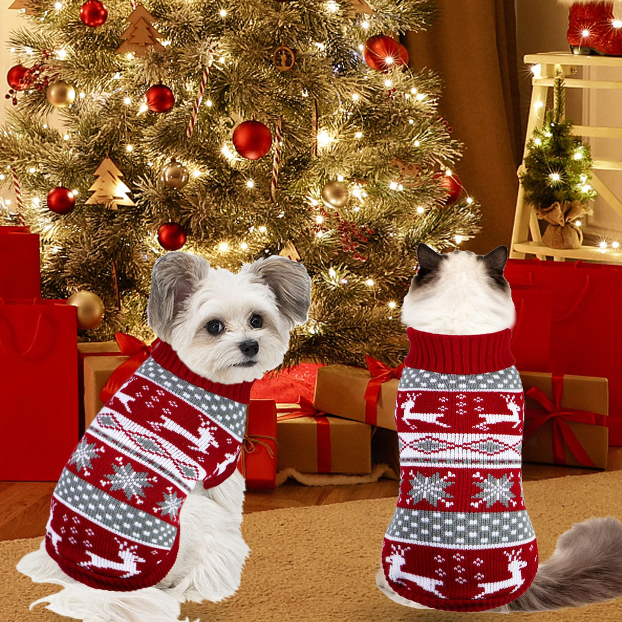 GOYOSWA Dog Christmas Sweater Pet Winter Warm Coat Pajamas Small Dog Sweaters Reindeer Snowflake Christmas Sweater for Large Cats Small Dogs (Reindeer, XL)