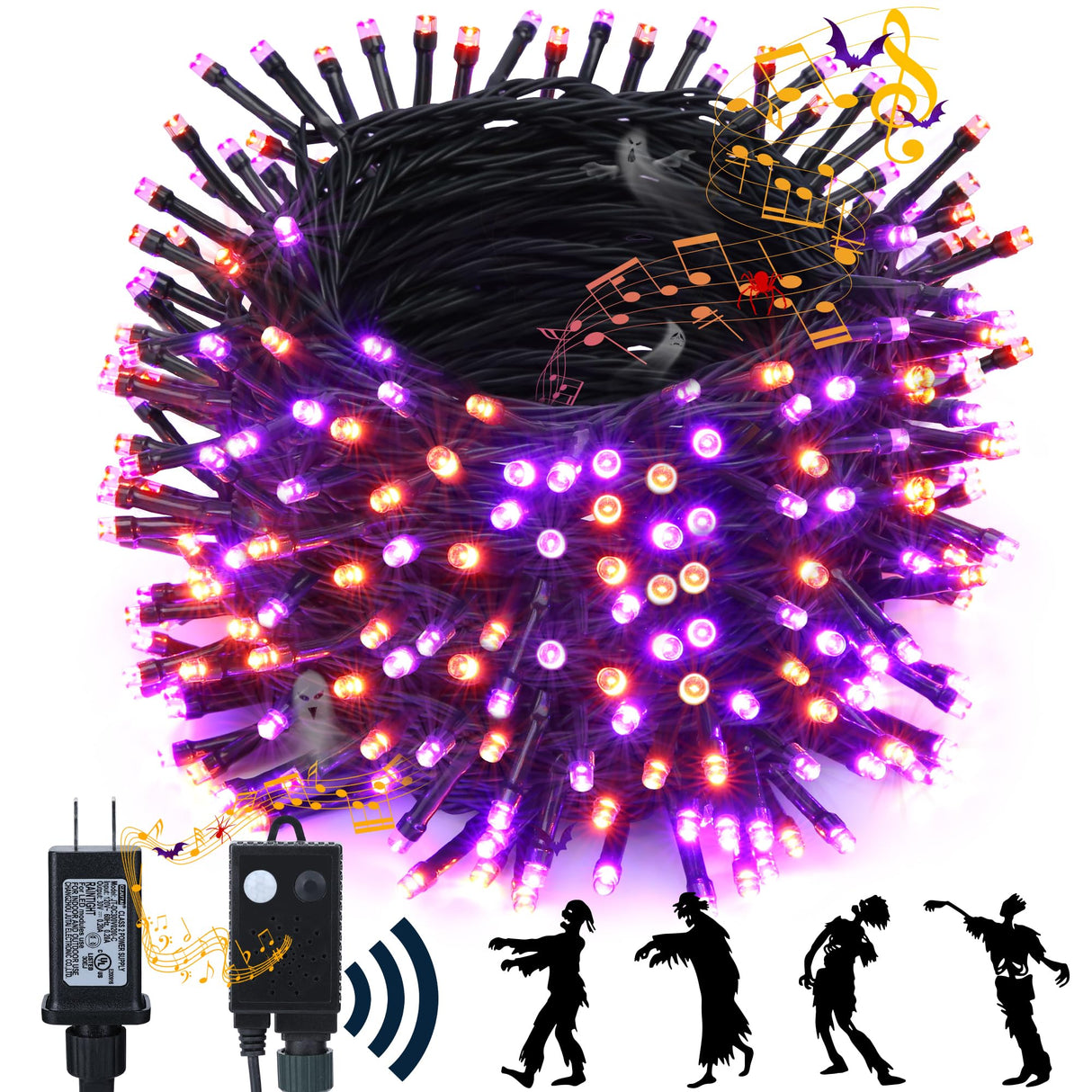 Toodour Halloween Lights Outdoor, 82FT 200 LED Halloween String Lights with Spooky Music Waterproof, Plug in Motion Sensor Orange & Purple String Light for Yard Bedroom Home Party Tree Halloween Decor