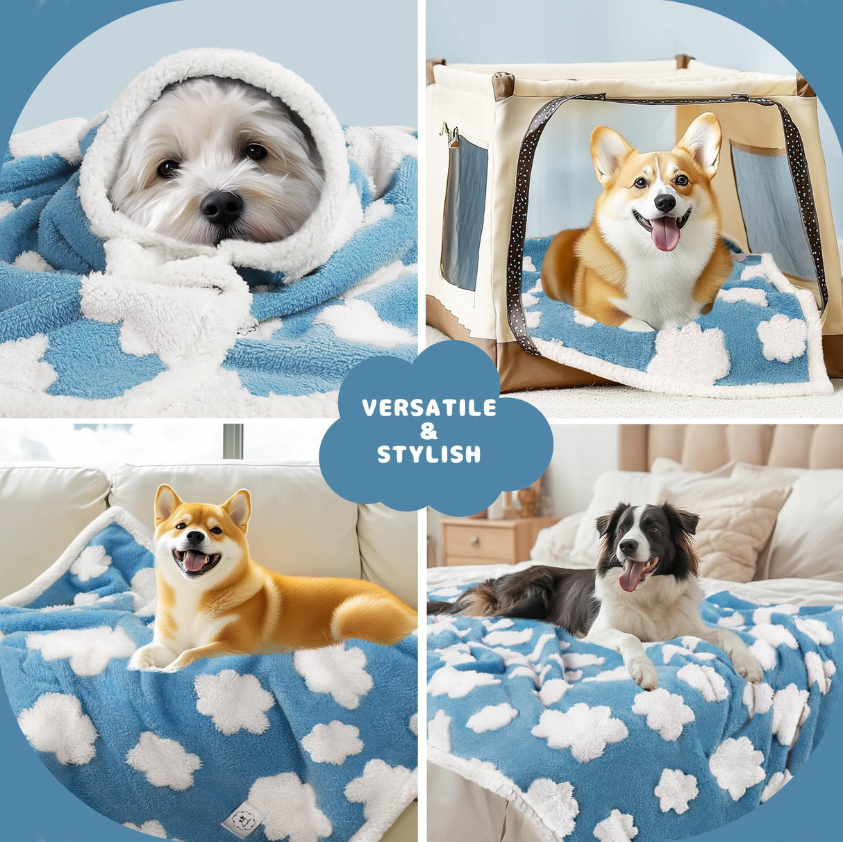 Luciphia Waterproof Pet Blanket for Medium Large Dogs Washable Fluffy Thick Jacquard Shag Fleece Warm Sherpa 3D Textured Flower Print for Cats Puppy Couch Protection (Blue Cloud,85x57 inches)