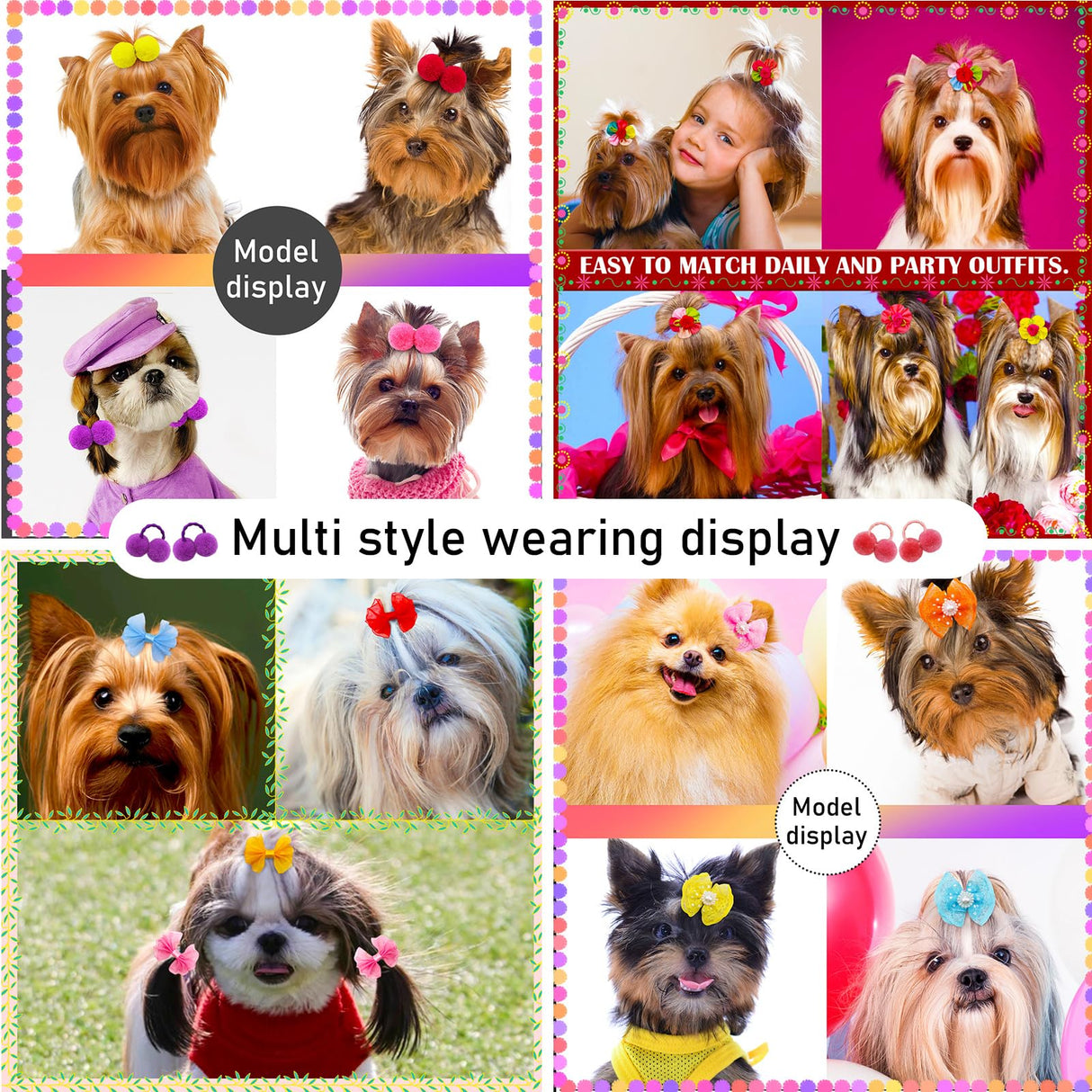 Mruq pet 100pcs Dog Hair Bows, Bulk Cute Puppy Pet Small Dog Hair Bows with Rubber Bands, Mix Handmade Flower Puff Ball Rhinestone Pearls Dog Bows, Yorkie Dog Bows for Dog Hair Grooming Accessories