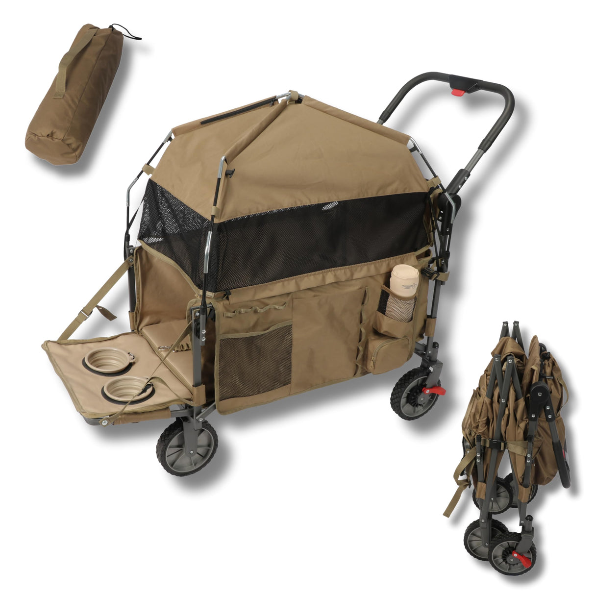 LONGDOG IMPRESSIONS Foldable Pet Wagon Dog Stroller with Removable Fully Zipped Tent, Pet Travel Wagon with Extendable Ramp Built-in Storage Attached Water and Food Station