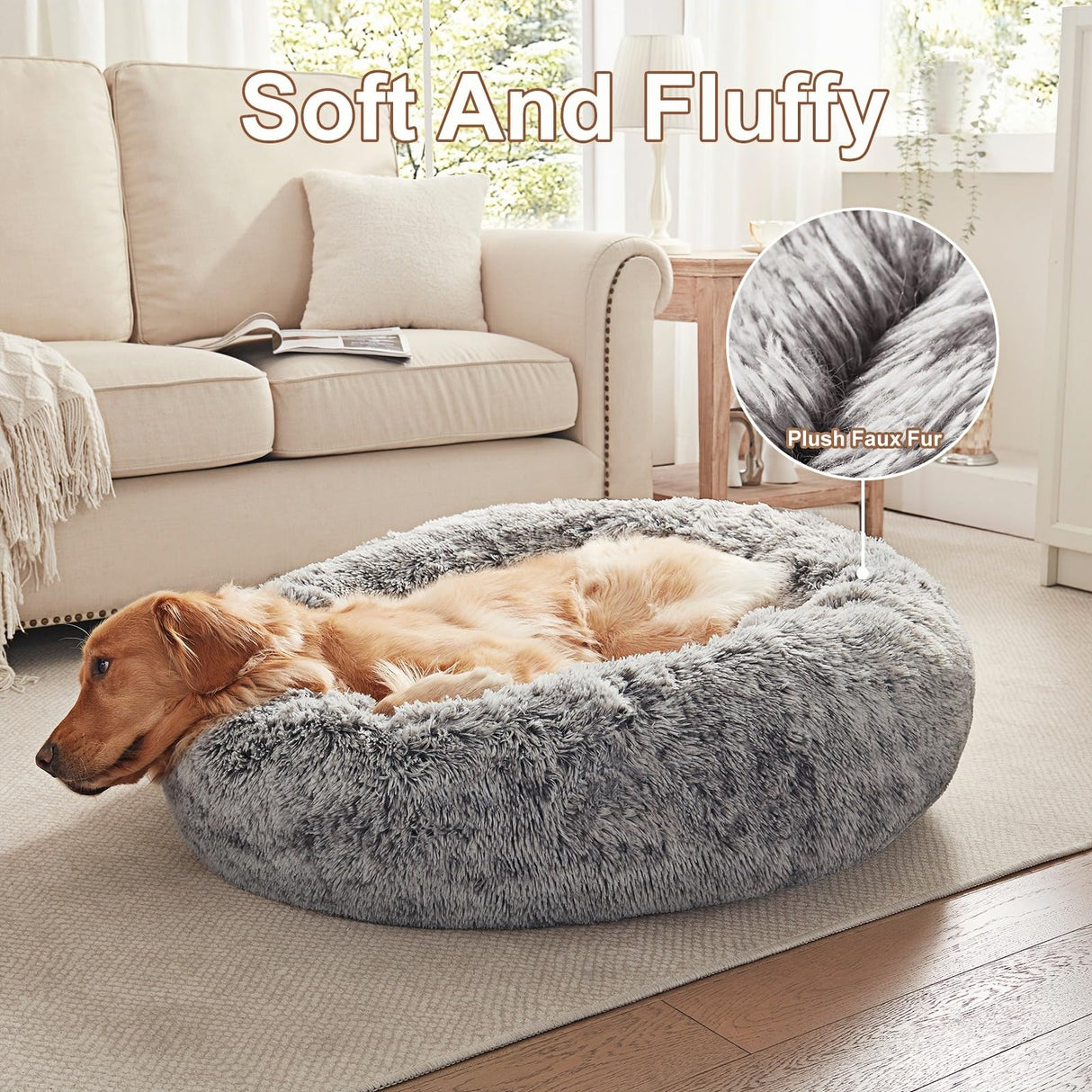 BedStill 36 inches Donut Dog Bed for Large Dogs - Calming Fluffy Round Pet Bed with Removable & Washable Cover,Fits up to 80 lbs Pets (Dark Grey,Large)