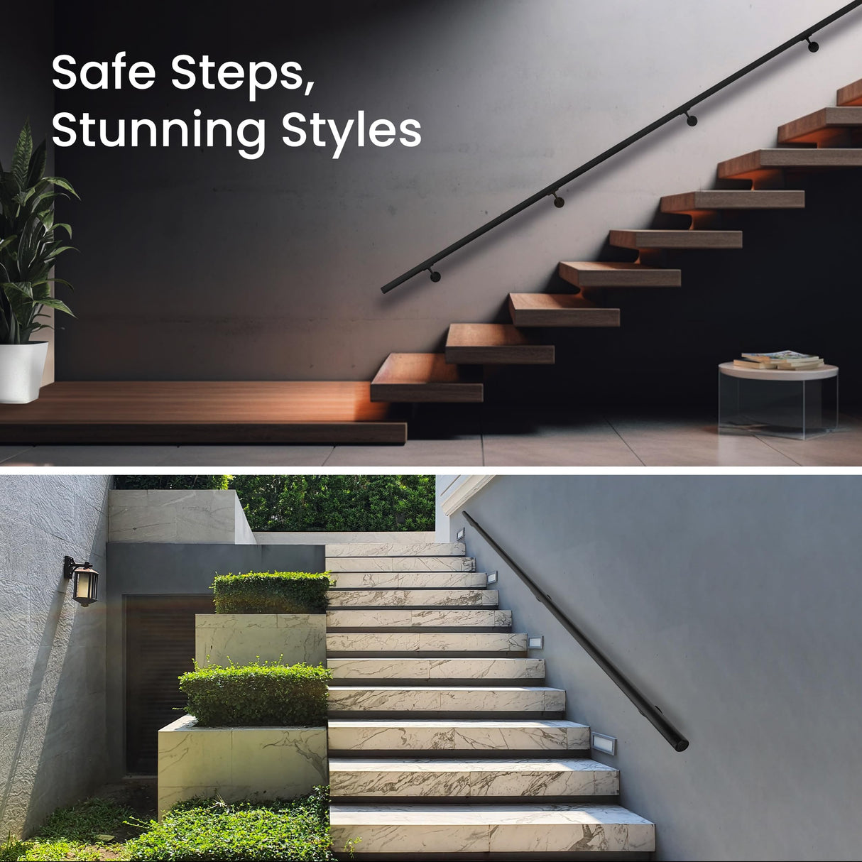 Meranti Aluminum Handrail for Indoor or Outdoor Steps and Stairs – Hand Rails for Elderly – DIY Complete Stair Railing Kit (4' Length, Black)