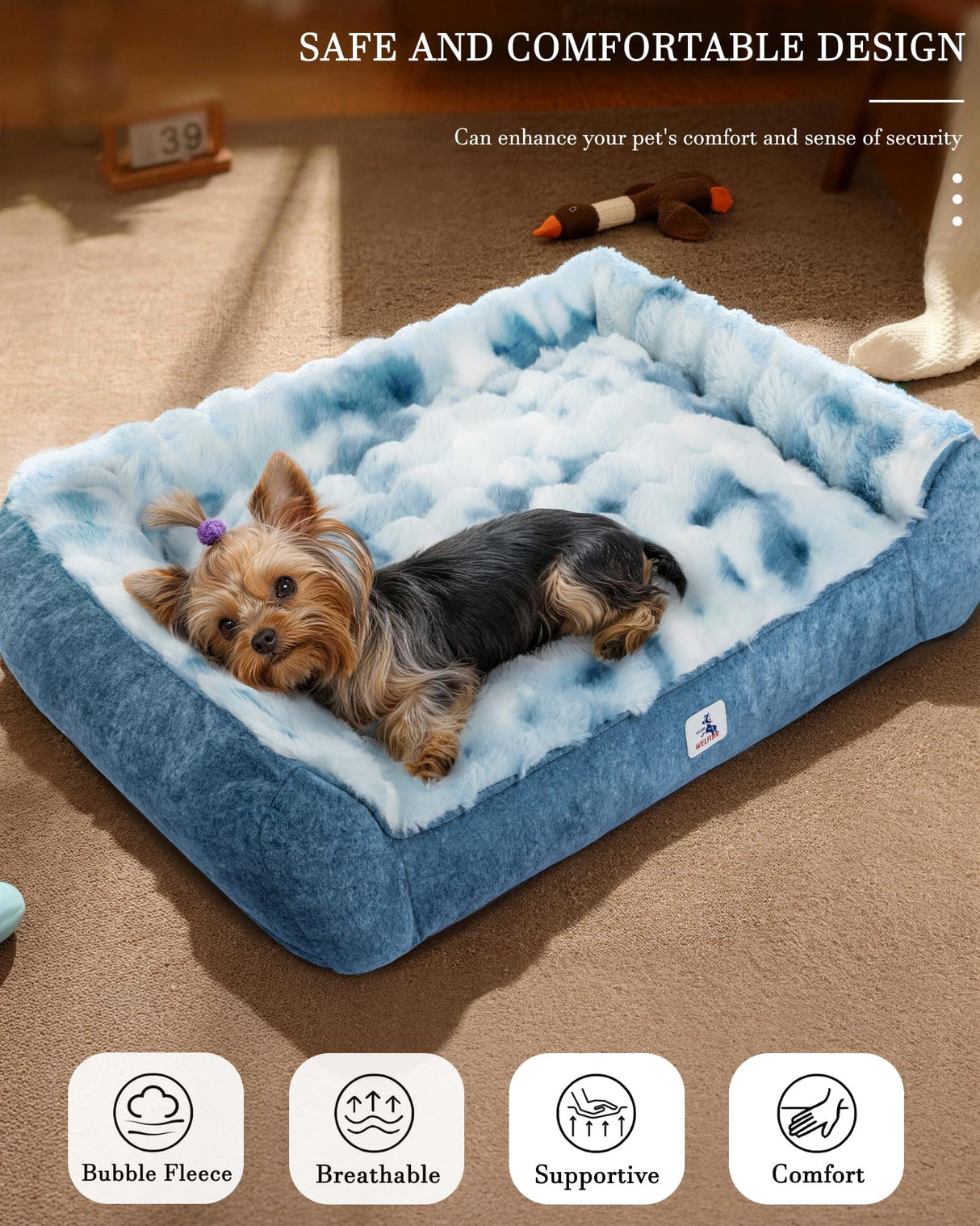 Welfibr Dog Bed with Shredded Foam Filling, 35" *25" Calming Pet Sofa with Removable Washable Cover, Soft Faux Fur Bolster Couch for Dogs, Anti-Slip Bottom (Tie-Dyed Blue, Small)