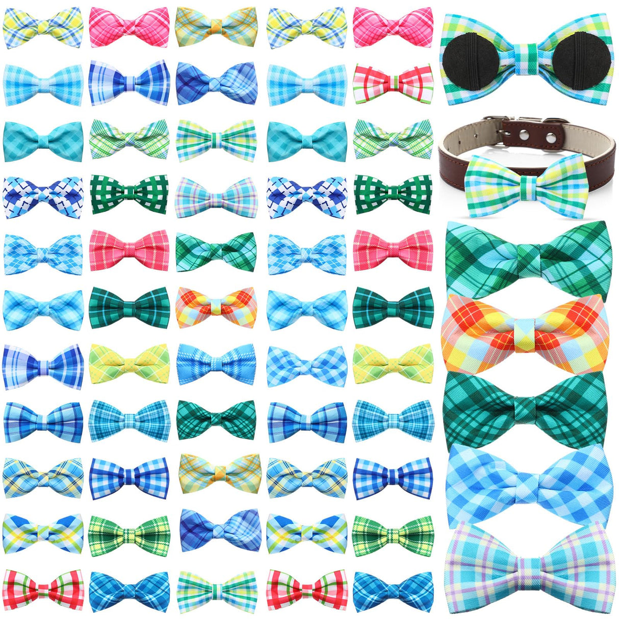 Silkfly 60 Pcs Summer Plaid Dog Collar Bow Ties Bulk Dog Bowtie Holiday Pet Accessories Puppy Bows Detachable Collar Charms for Small Medium Large Pets Cat Grooming Supplies Costume