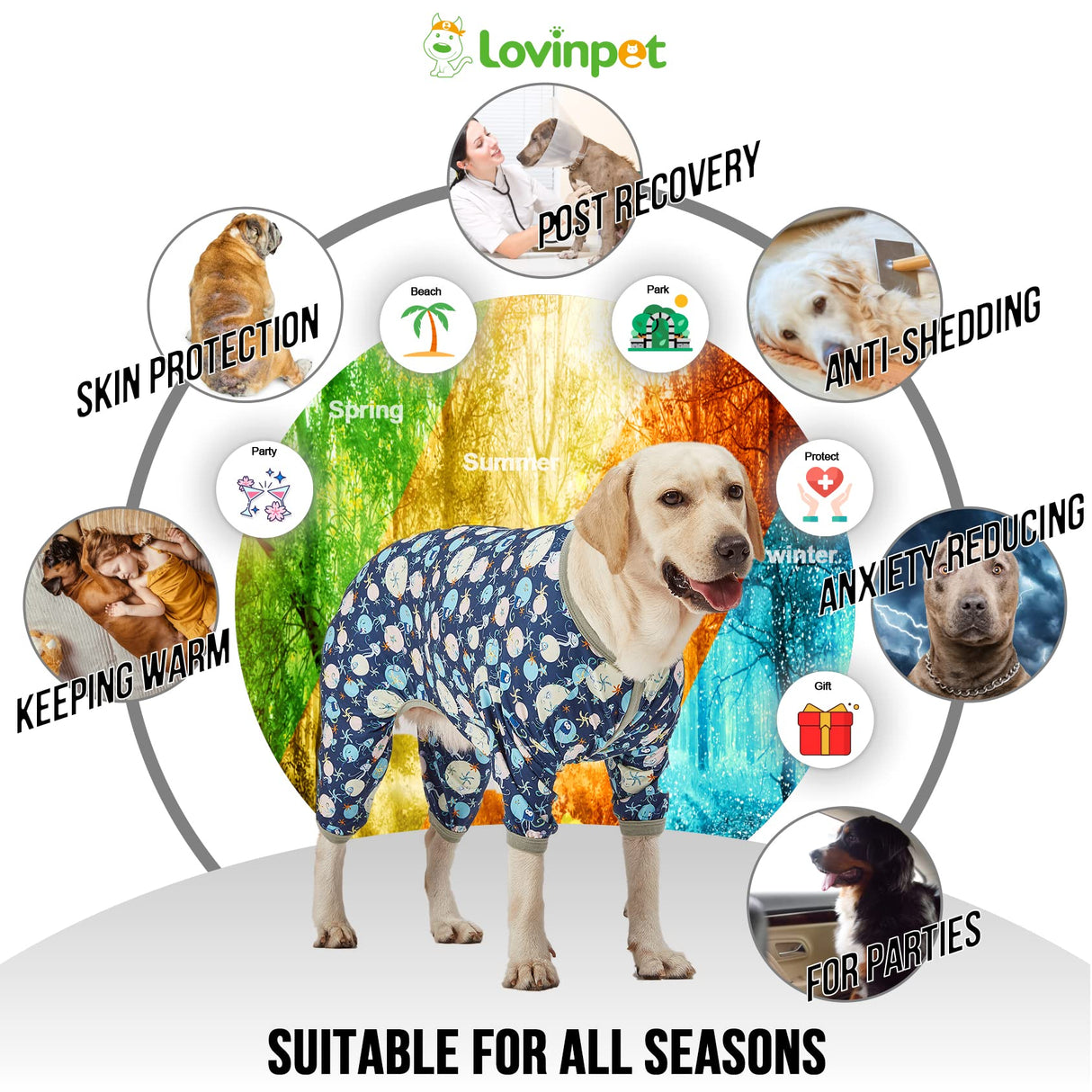 LovinPet Giant Dog Pajamas, Jellyfish and Starfish Deep Sea Print, Clothes for Dogs, Lightweight Pullover Large Puppy Pajamas, Large Breed Full Coverage Dog Jammies, Pet PJ's, 2XL