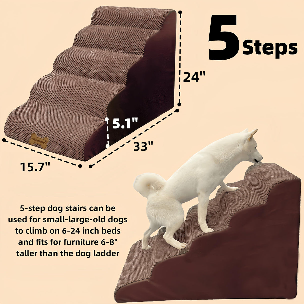 Dog Stairs & Pet Ramp for Small/Large Dogs to High Beds/Couches - 5 Steps 24-inch Height for 18-30 inch Furniture, 2 Washable Covers (Brown, Grey), Non-Slip Balanced 33D Design for Old Dogs & Cats