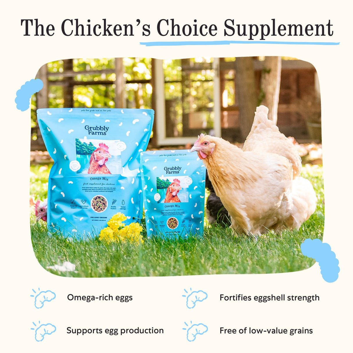 Grubbly Farms Omega Mix Chicken Treats for Laying Hens - Superfood and Omega-Rich Chicken Feed Supplement to Support Egg Production, Strong Eggshells and Nutritious Yolks - 5LB