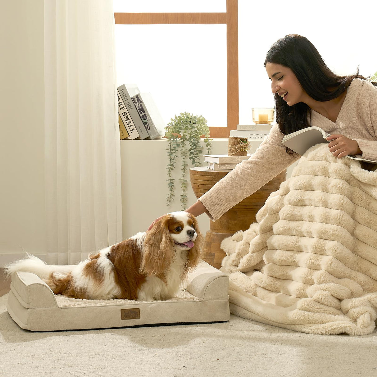 COZY KISS Orthopedic Dog Bed for Small Medium Size Dogs, Bolster Pet Couch with Waterproof Lining, Egg Crate Foam Sofa for Pets Up to 30 lbs, U-Shaped, 30x20x6.5 inch, Beige