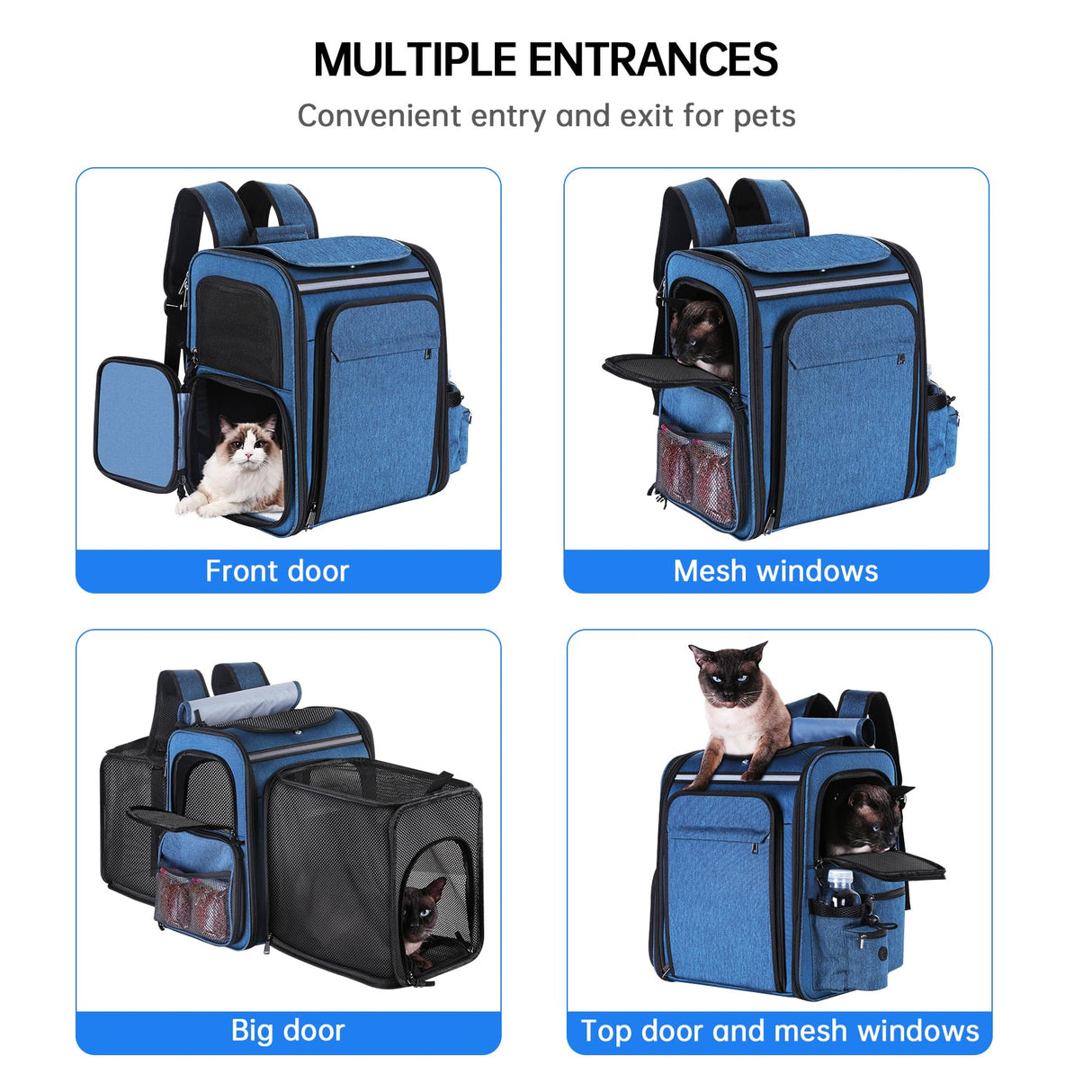 Groxkox Cat Carrier Backpack for Travel,Dog Carrier Backpack for Large cat, Small Dogs,Puppies Up to 20 Lbs,Expandable Cat Backpack for Outdoor Hiking,Pet Carrier Backpack,Cat Backpack Carrier (Blue)