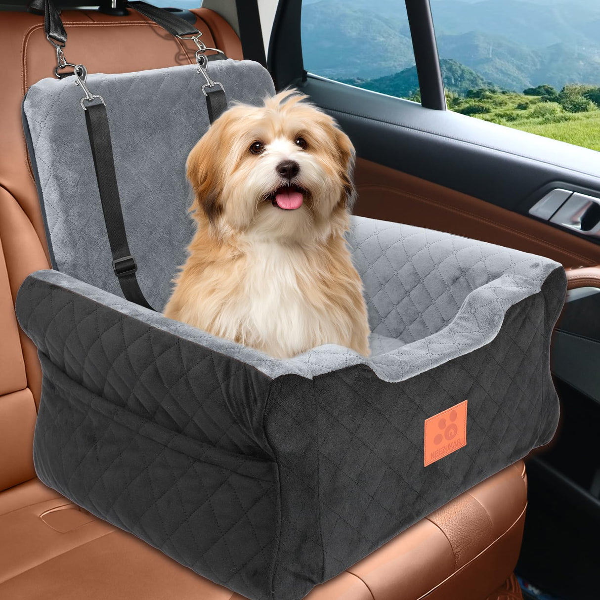 NEEZUKAR Dog Car Seats for Small/Medium Dogs, Elevated Memory Foam Dog Booster Seat, Detachable Washable Pet Car Seat with Safety Belts & Storage Pockets (Black-Gray)