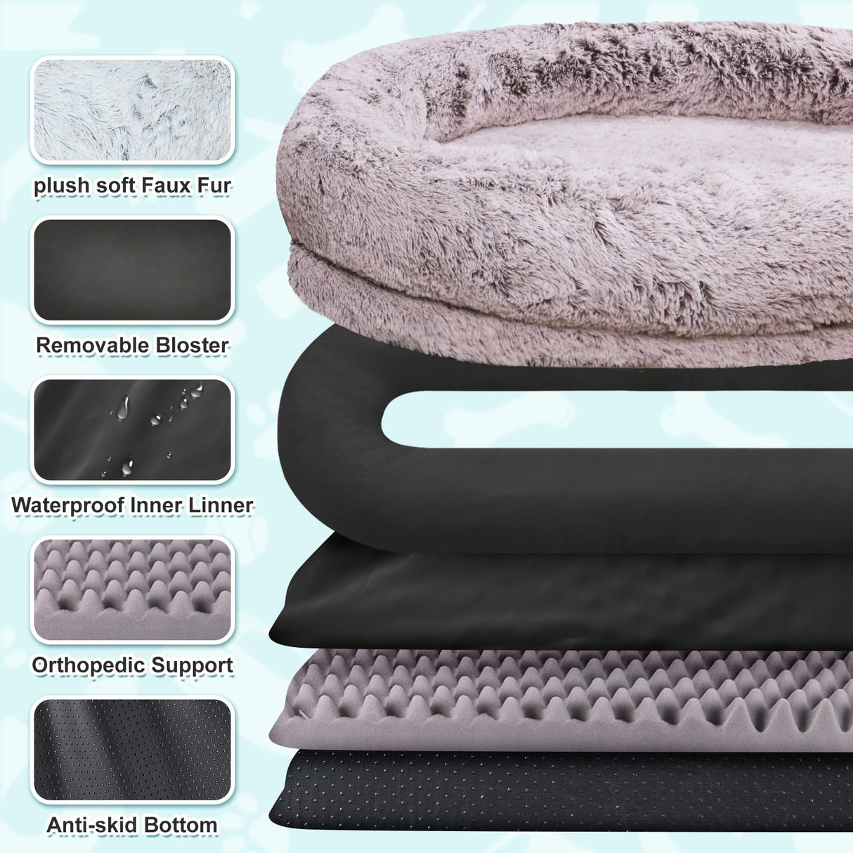 YAEM Human Dog Bed for Adult and Pets - 71"x45"x12" Dogs Beds for Humans with Washable Faux Fur Cover, Plump Pillow, Blanket, Orthopedic Design, Strap-RustWhite
