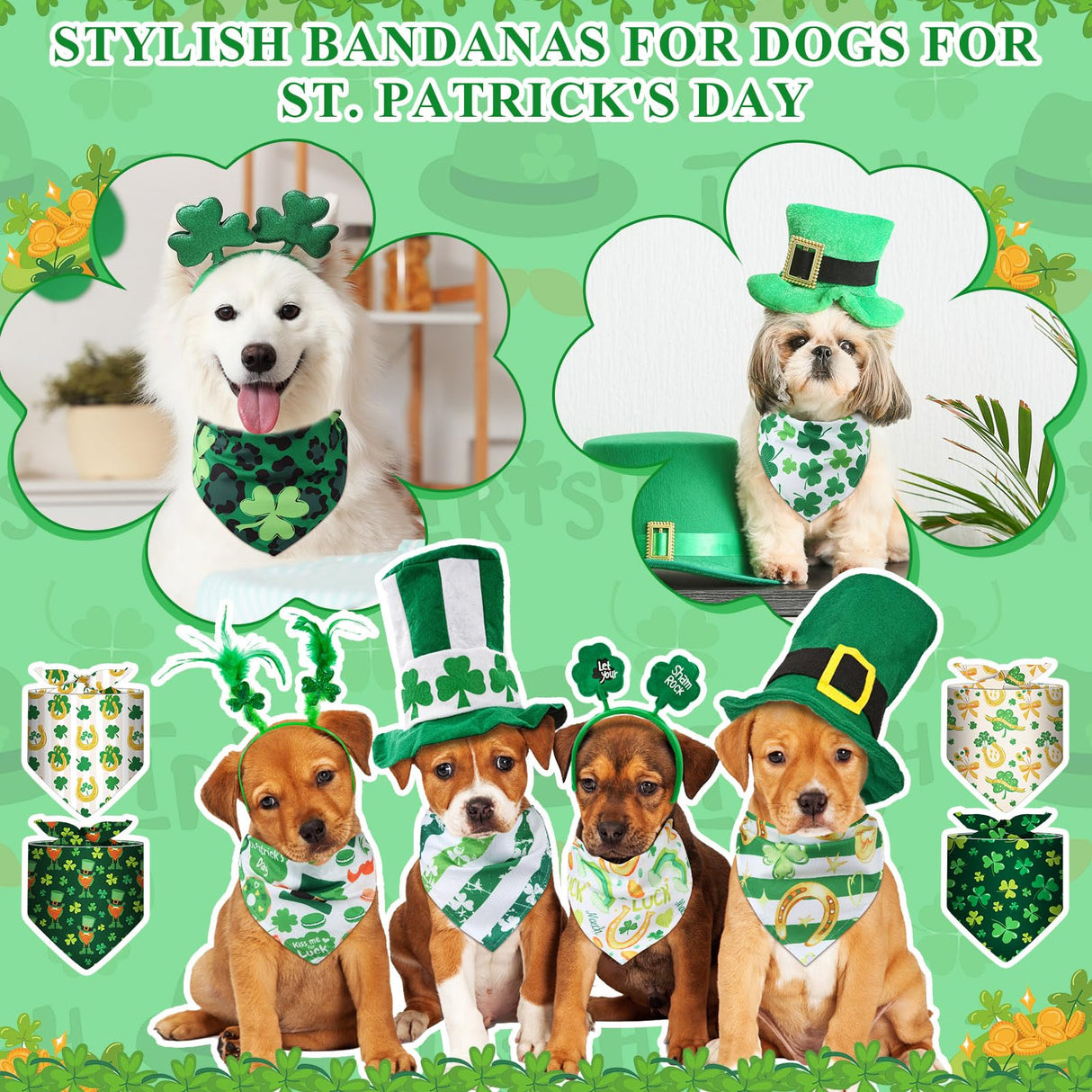Bulyoou 72 Pcs St Patrick's Dog Bandanas Bulk Shamrock Bandanas for Dog Adjustable Washable Pet Triangle Scarf Soft Kerchief Bib for St Patrick's Holiday Pet Costume Accessories
