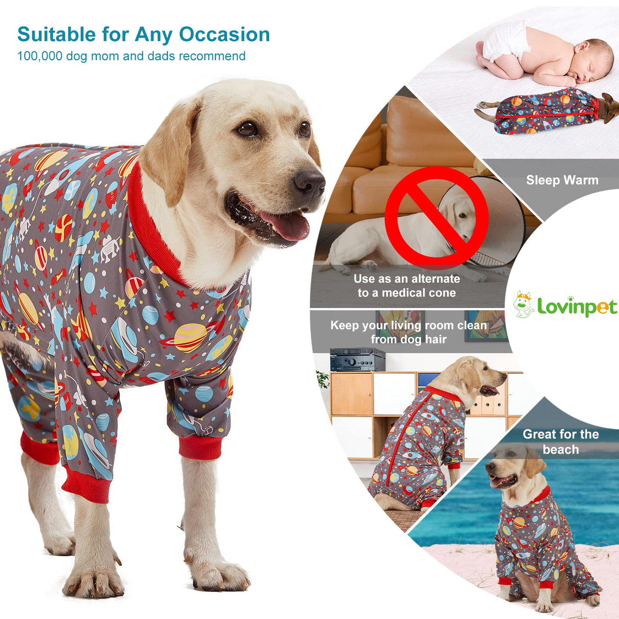 LovinPet Large Dog Pajamas: Large Breed Pitbull/Boxer/Labrador/Doberman, Lightweight Onesie, Space-Travel Grey Print,Post Surgery Shirt,UV Protection, Pet Anxiety Relief, Wound Care for Big Dog /2XL