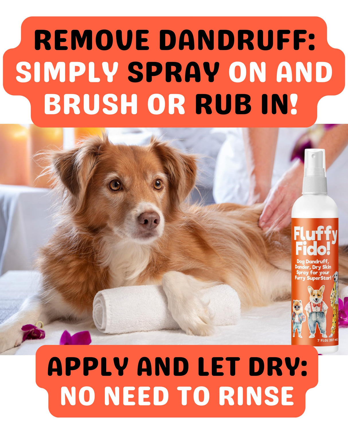 Dog Dandruff Treatment & Dry Skin Relief Dog Spray - Fluffy Fido Unscented No Rinse Pet Dander Spray with Vitamin B, Omega 3 & 6 & Honey Extract - 7 fl. oz.
