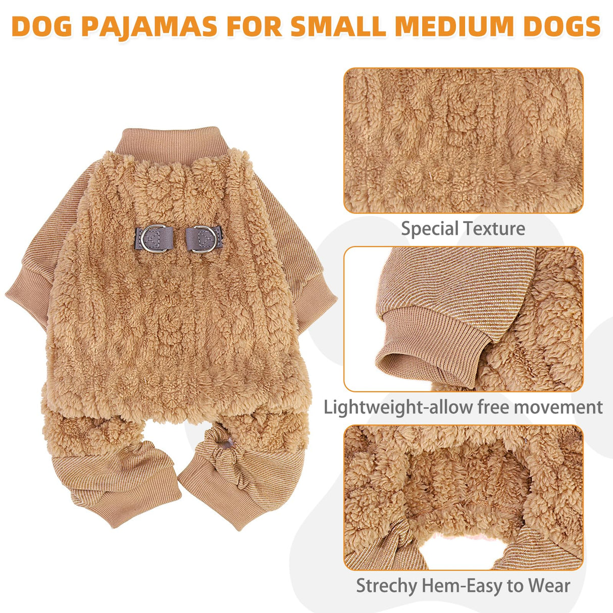 KOOLTAIL Dog Pajamas with Leash D-Ring, Fuzzy Sweater Onesie for Small Dogs, Warm Fleece Pet Jumpsuit Shirt, Lightweight Puppy Cat Pjs Clothes Coat Outfits for Chihuahua, Pitbull, Boy Girl, Beige M
