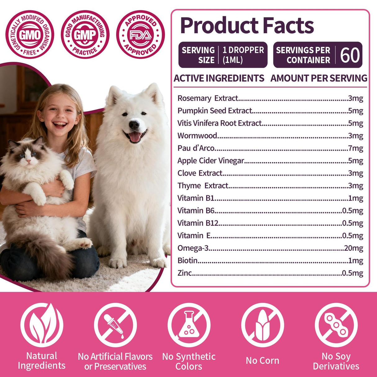 Flea & Tick Prevention for Dog and Cat, Natural Oral Flea & Tick Support Drops with Multivitamin Omega-3 for Pets - Supports Healthy Skin & Coat - Flea Herbal Drops All Breeds and Sizes - Bacon