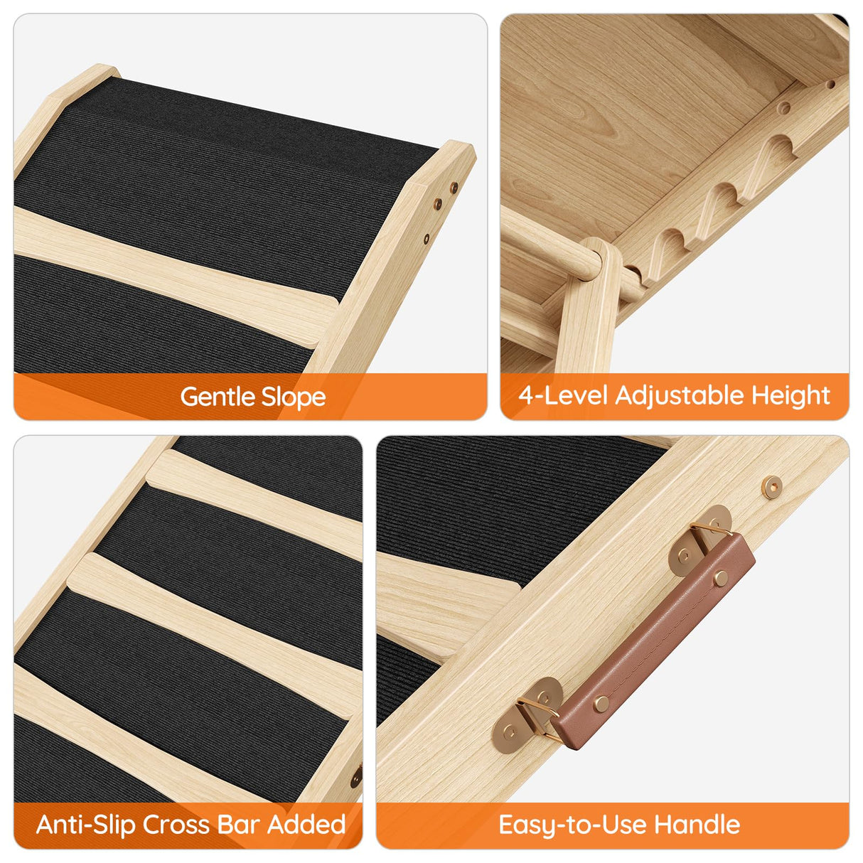 HOOBRO Dog Ramp for Bed, 15.7" Width Folding Pet Ramp with Guardrail and Non-Slip Mat, Dog Ramp for Couch, 4-Level Adjustable from 9.8" to 18.9", for Small Dogs, Natural and Black NB48PT03