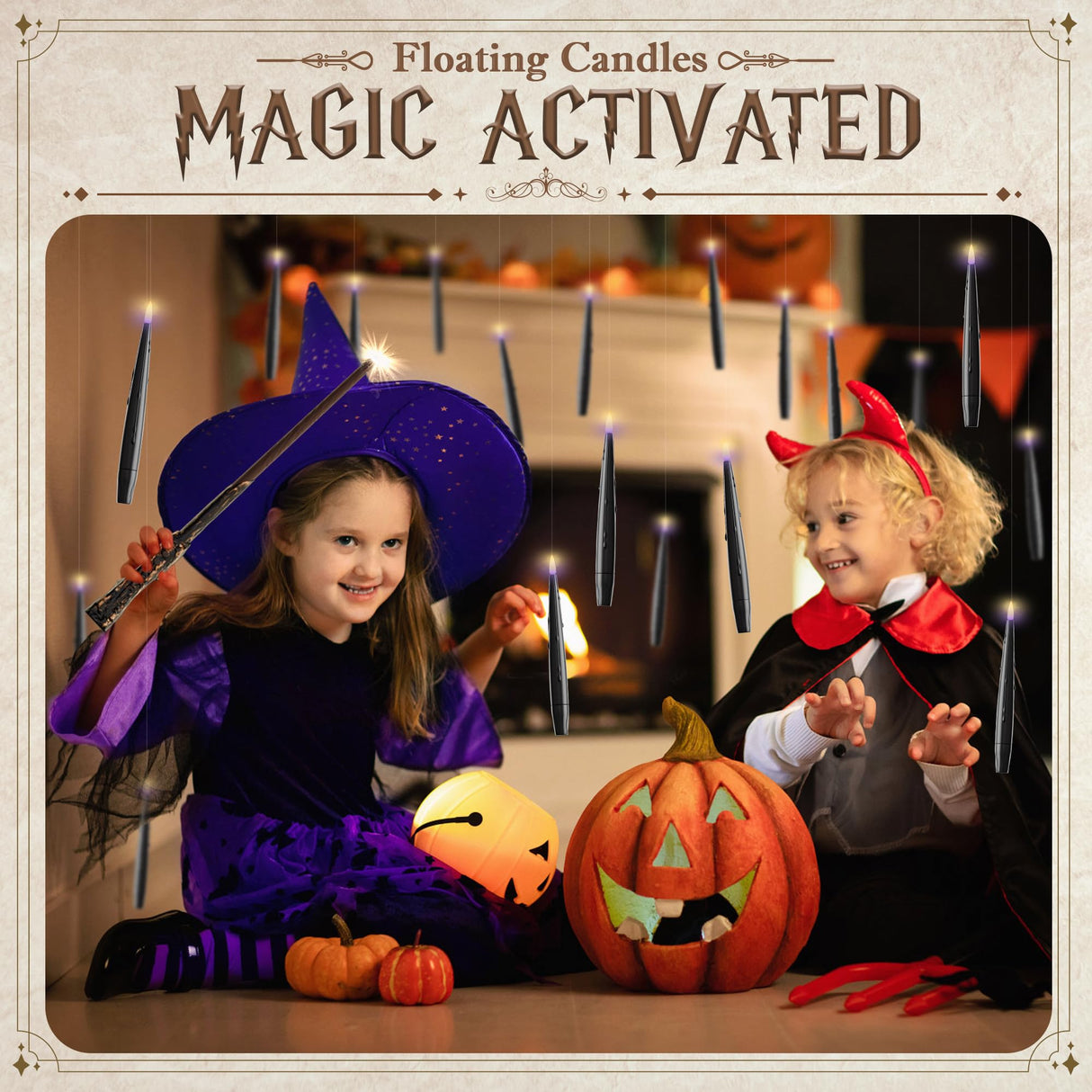 JOIONE Floating Candles with Wand, 20 Pack Halloween Flameless Candles Magic Hanging Taper Candles with 2 Wand Remotes, Battery Operated Candles for Halloween Christmas Birthday Party Decor Black
