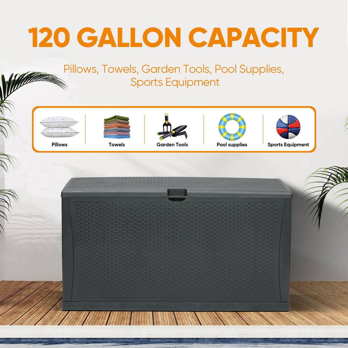 ZYJOYY 100 Gallon Resin Deck Box Waterproof Outdoor Storage Box and Patio Furniture Side Table for Pool Accessories, Gardening Tools, Outdoor Indoor Cushions, Lockable, UV Resistant