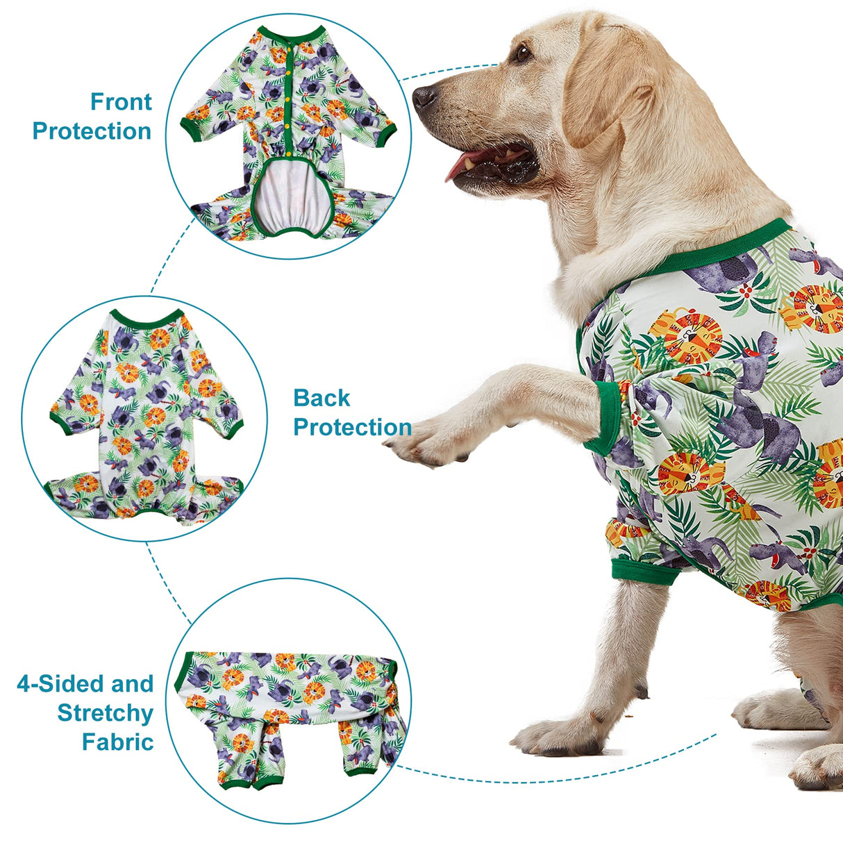 LovinPet Large Dog Pajamas Onesie: Lightweight Stretchy Knit Pullover Large Breed Jammies, Big Hippo Green Print, Wound Care/Post Surgery Dog Shirt, UV Protection, Pet PJ's, Dog Onesie/L