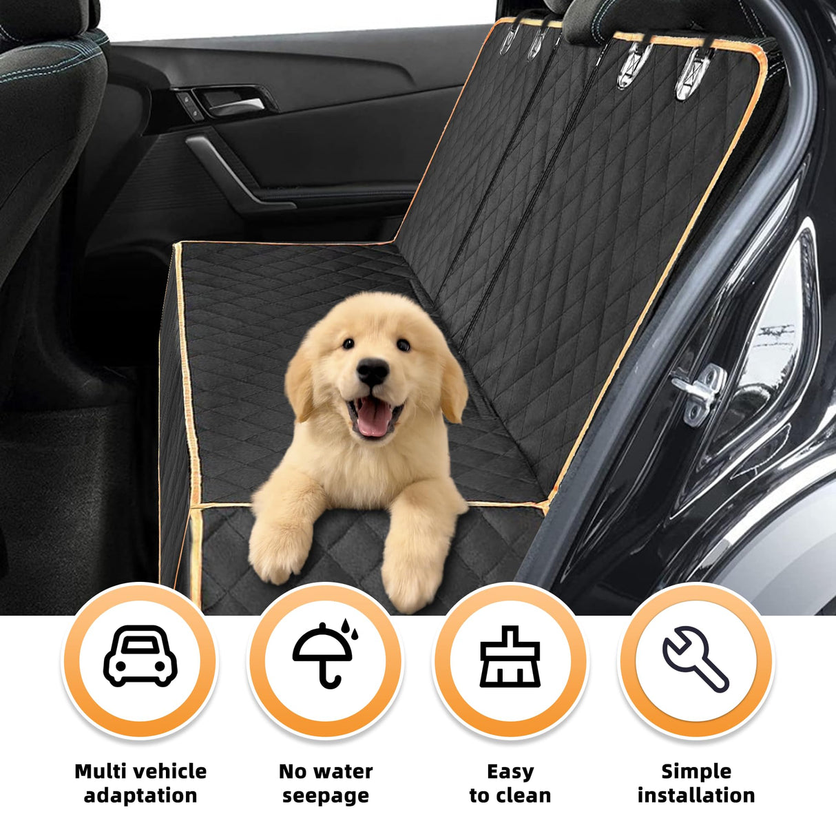 Alieemo Dog Car Seat Cover for Back Seat, Nonslip Waterproof Bench Seat Pad, Durable Pet Backseat Protector Compatible for Armrest & Seat Belt, Universal for Most Cars (Black/Orange)