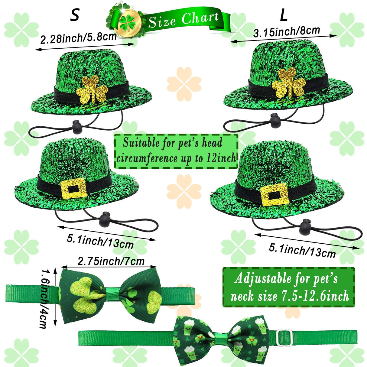 4 Pack St. Patrick’s Day Costume Small Animal Leprechaun Hats Rabbit Shamrock Bow Tie Irish Outfit for Bunny Hamster Guinea Pig Ferret Sugar Glider Lizard (Small)