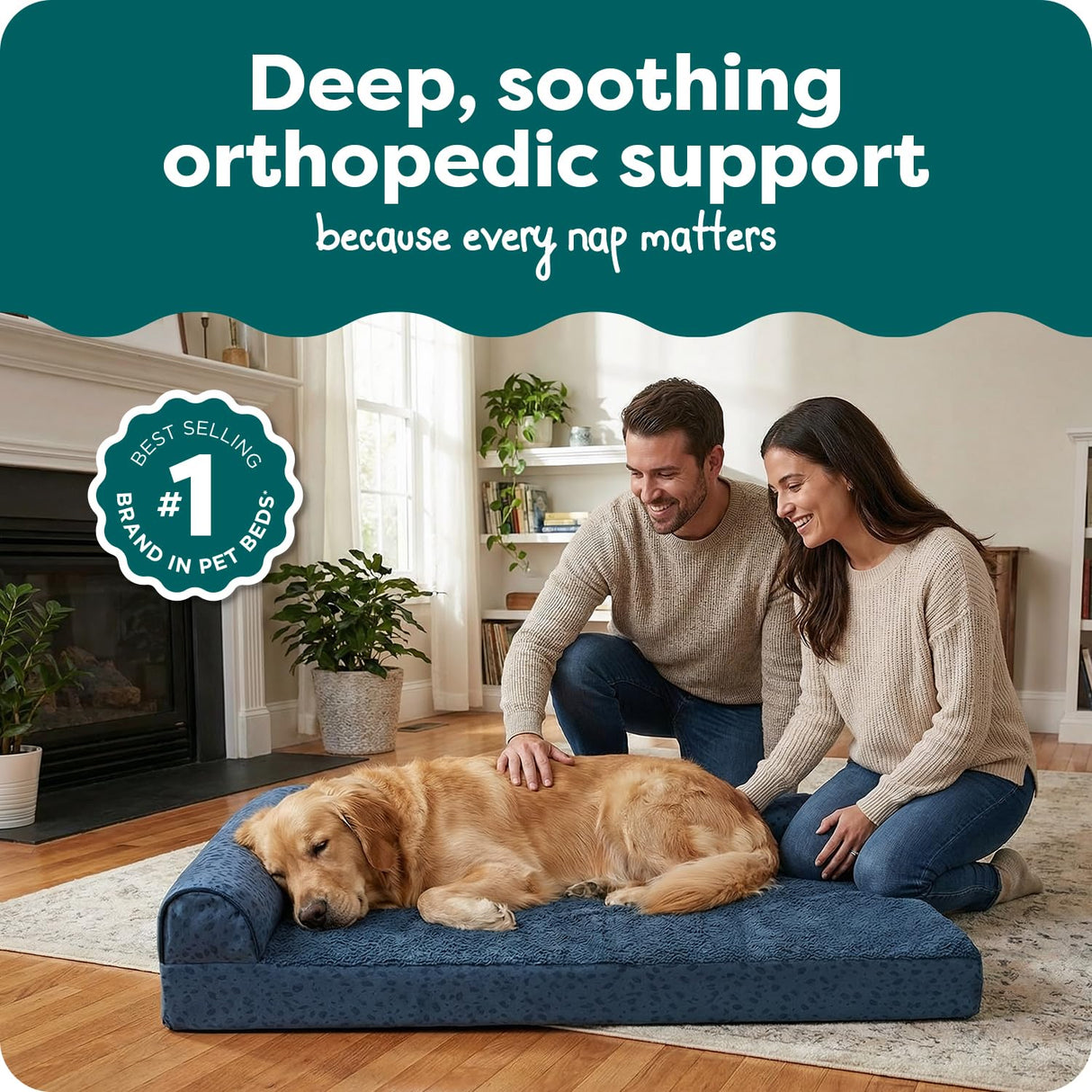 Furhaven Orthopedic Dog Bed for Large Dogs w/ Removable Bolsters & Washable Cover, For Dogs Up to 95 lbs - Plush & Almond Print L Shaped Chaise - Blue Almonds, Jumbo/XL