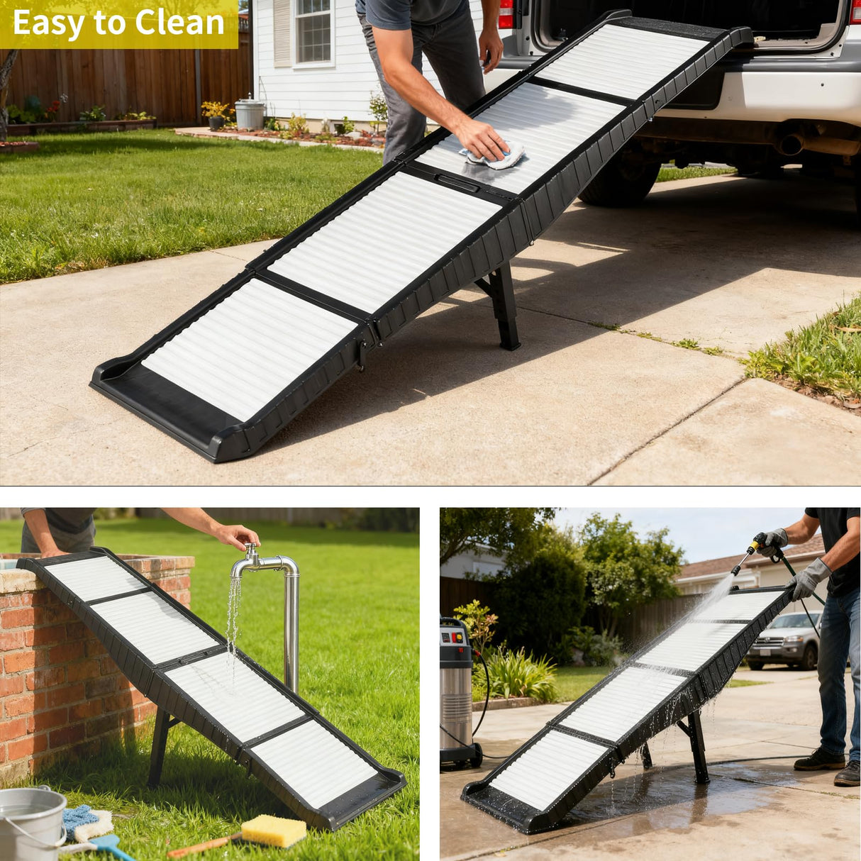 BAQTALE Foldable Dog Ramp for Cars – 68.89" L x 15.74" W, Supports 220 lbs, 8 Adjustable Heights with Support Legs, Non-Slip Surface, Portable Pet Ramp for Large Dogs, Folds to Carry-On Size