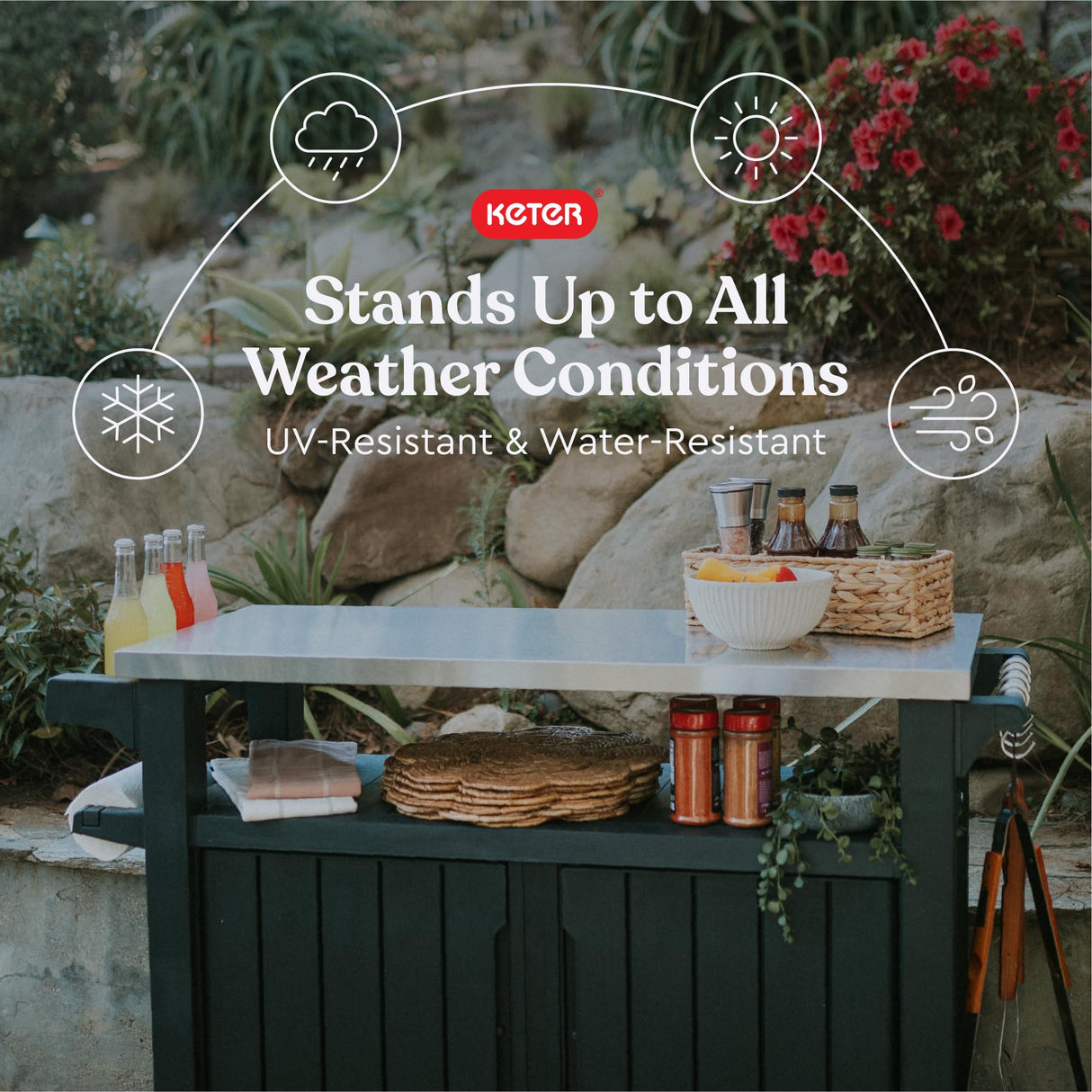 Keter Unity XL Portable Outdoor Table with Stainless Steel Top for Kitchen Prep and Outdoor Storage Cabinet for Grilling Accessories, Dark Grey