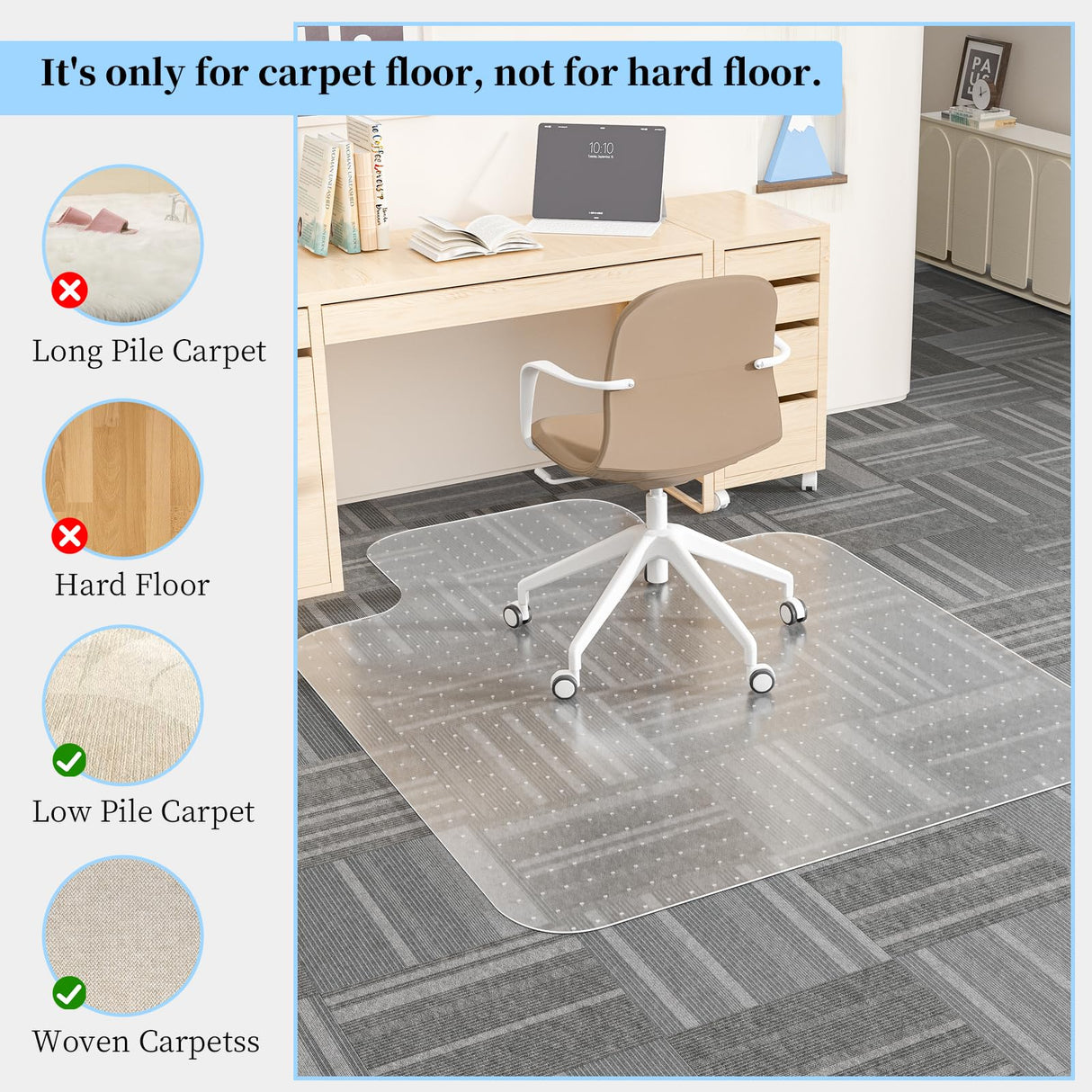 Tonaus Chair Mat for Carpet, 48"×36" T-Shape Transparent PVC Home Office Desk Chair Mat for Floor Protection with Non-Slip Studded Backing Pile Carpet Protector