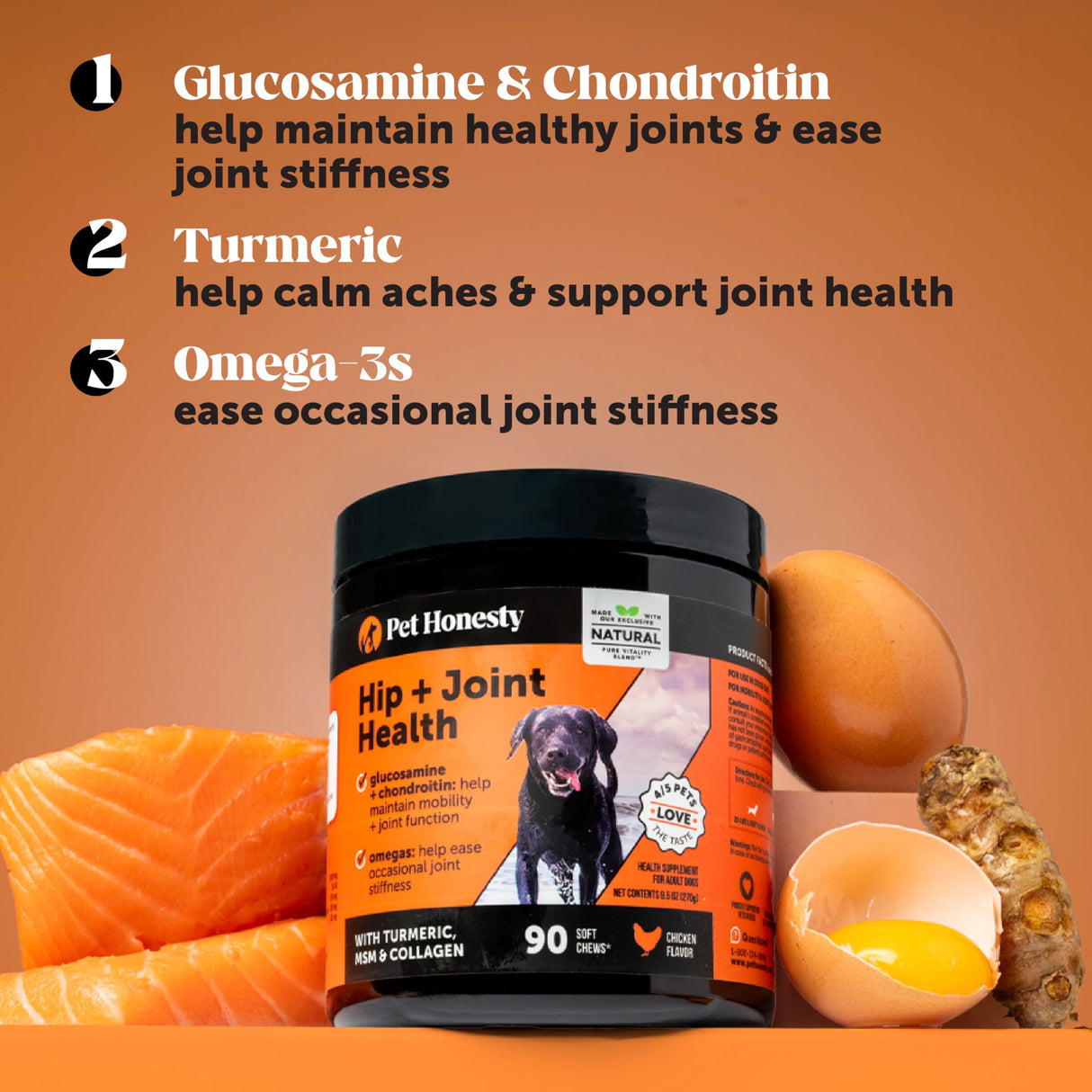 Pet Honesty Hip & Joint Health Soft Chews for Dogs, Joint Supplement with Glucosamine Chondroitin, MSM, Turmeric, Joint Support + Mobility, May Reduce Occasional Discomfort (Chicken 90 Count)