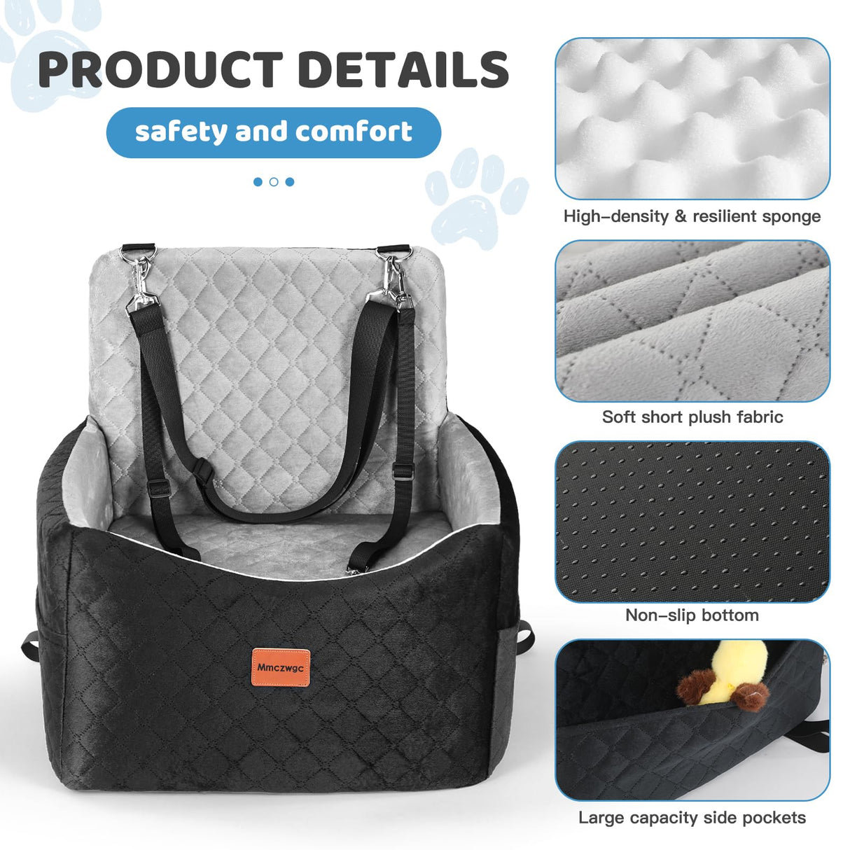 Mmczwgc Dog Car Seat for Small/Medium Dogs Under 35 lbs – Pet Booster Seat with 6-inch Memory Foam, Dog Car Bed with Removable and Washable Cover, 2 Safety Belts and 2 Storage Bags