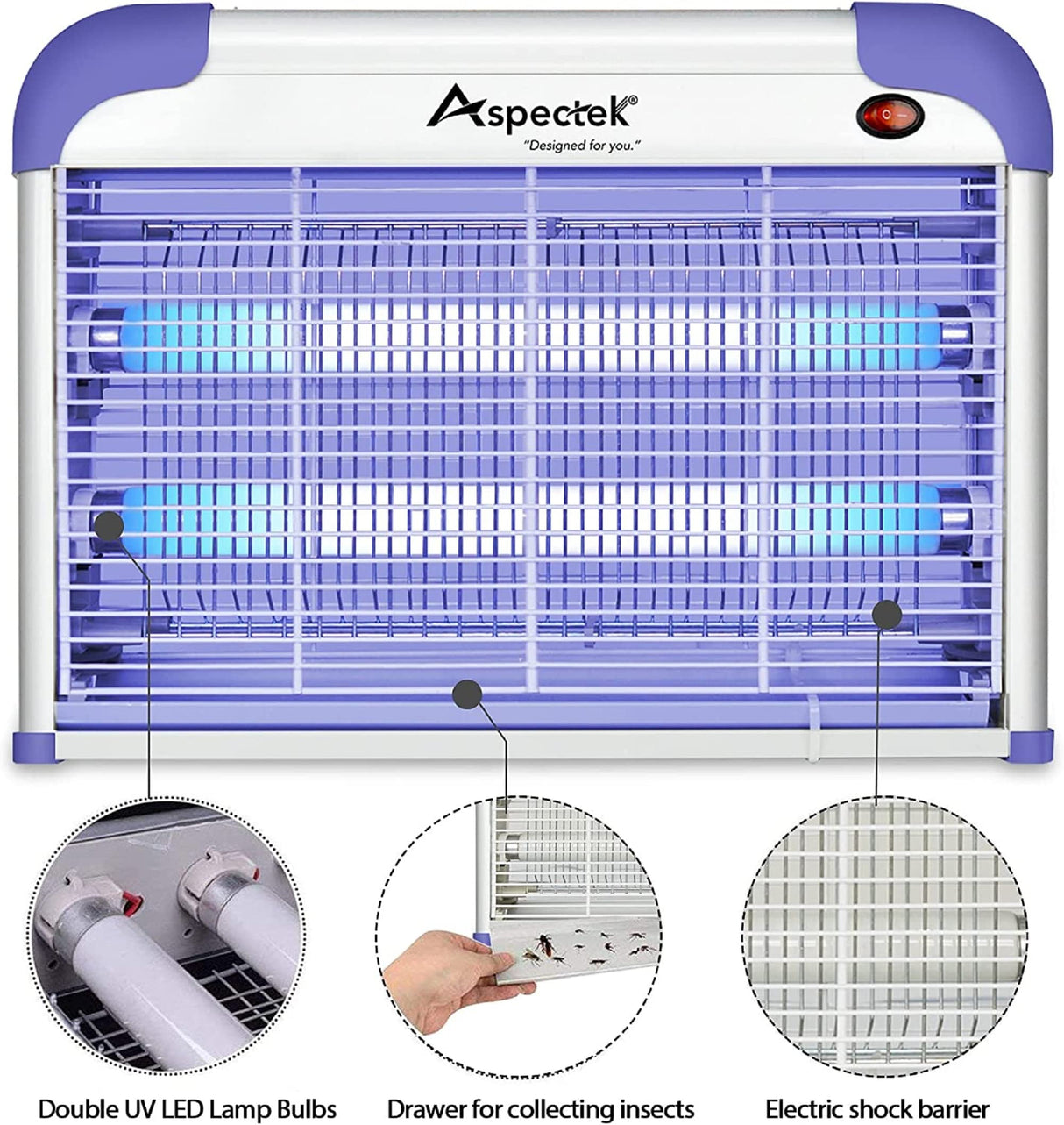 ASPECTEK 20W Indoor Bug Zapper, Powerful UV Bugs Lamp Attract Insects and 2800V Grid Kills Flying Insects, Includes 2 Replacement Bug Lights