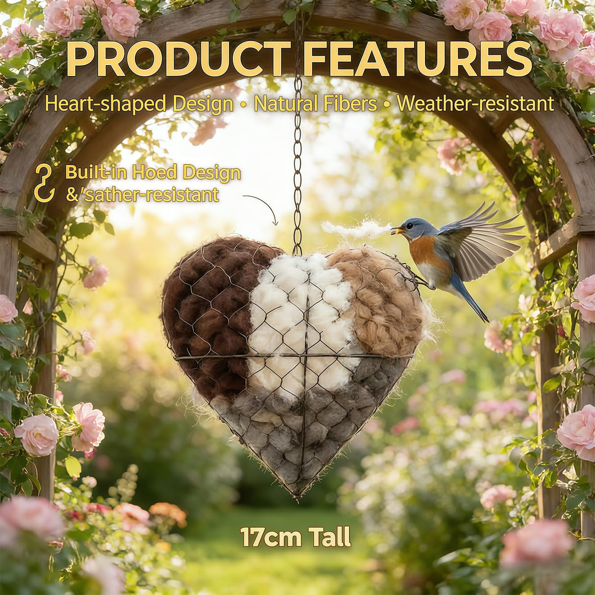 Rtwxi Handmade Fiber Bird Nesting Heart, Alpaca Fiber Bird Material House, Hummingbird Houses Nester Winter Shelter Nature, Garden Art Birdhouse, Outside Gifts for Birds Lovers (1)