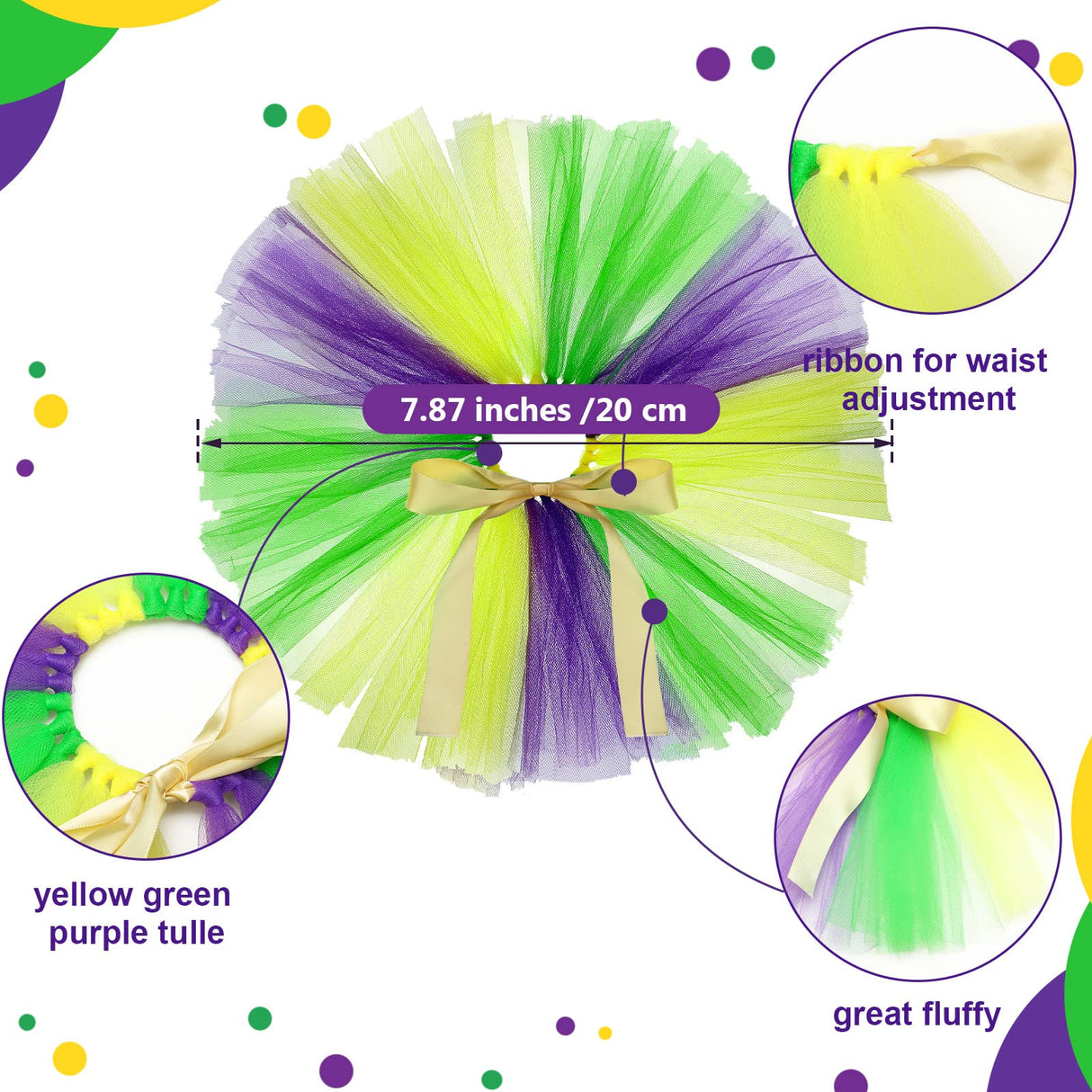 3 Pieces Girl Dog Costume Mardi Gras Tutu Skirt and Fleur De Lis Feather Headband Fancy Collar for Puppy Dog Costume Decorations Supplies, Purple, Green, Yellow (Small)