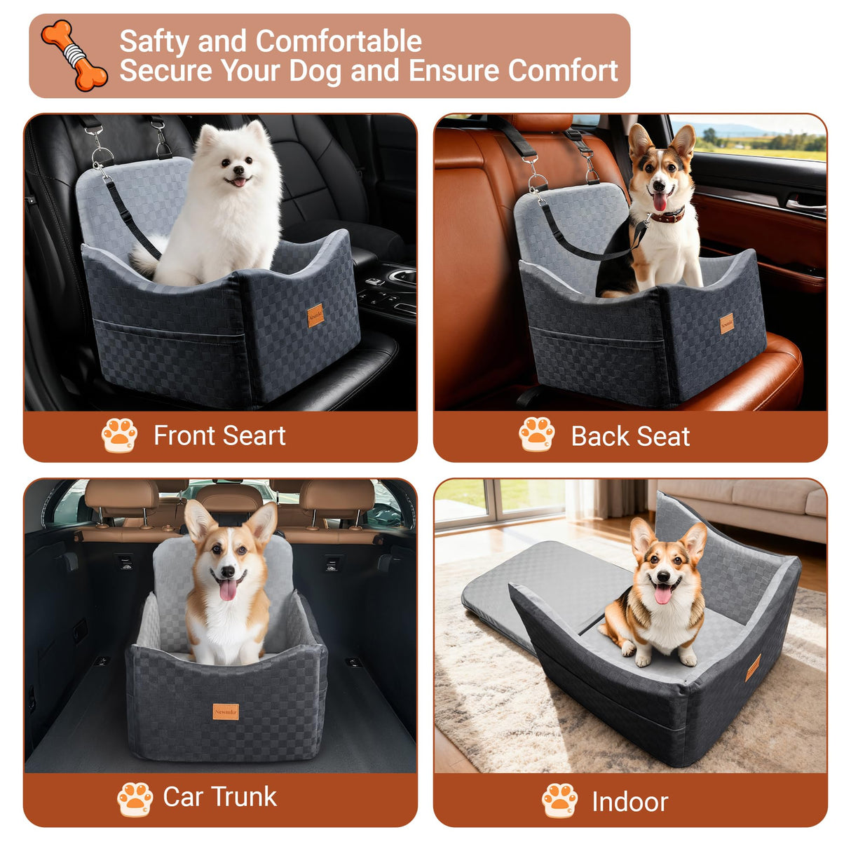 Newmkr 2 in 1 Dog Car Seat Bed for Small/Medium Dogs Up to 35 lbs, Travel Dog Booster Seat with Memory Foam Thick Cushion, Safety Belts&Storage Pockets, Removable Washable Bed Fits Front or Back Seat