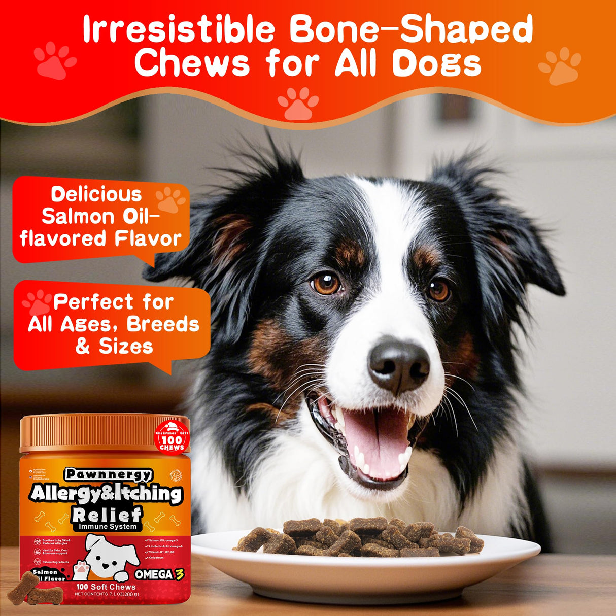 Pawnnergy Dog Allergy & Itch Relief Chews - Salmon Oil Omega-3, Omega-6, Vitamin B1/B2/B6, Colostrum Probiotics Supplement for Seasonal Allergy, Hot Spots, Paw Licking, Scratching, 100 Soft Chews