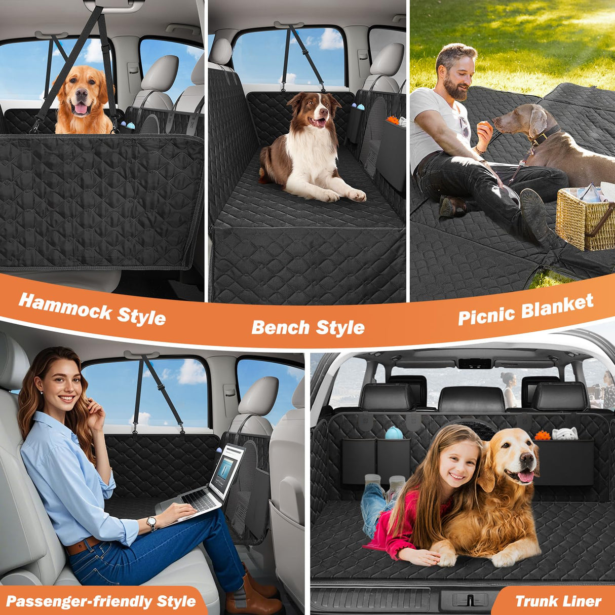 Tivray Back Seat Extender for Dogs, Dog Car Seat Cover for Back Seat Hard Bottom - Holds 330lbs Waterproof Cover for Dogs with Mesh Window & Pocket, Dog Hammock for Car, Small Truck, Black + Black