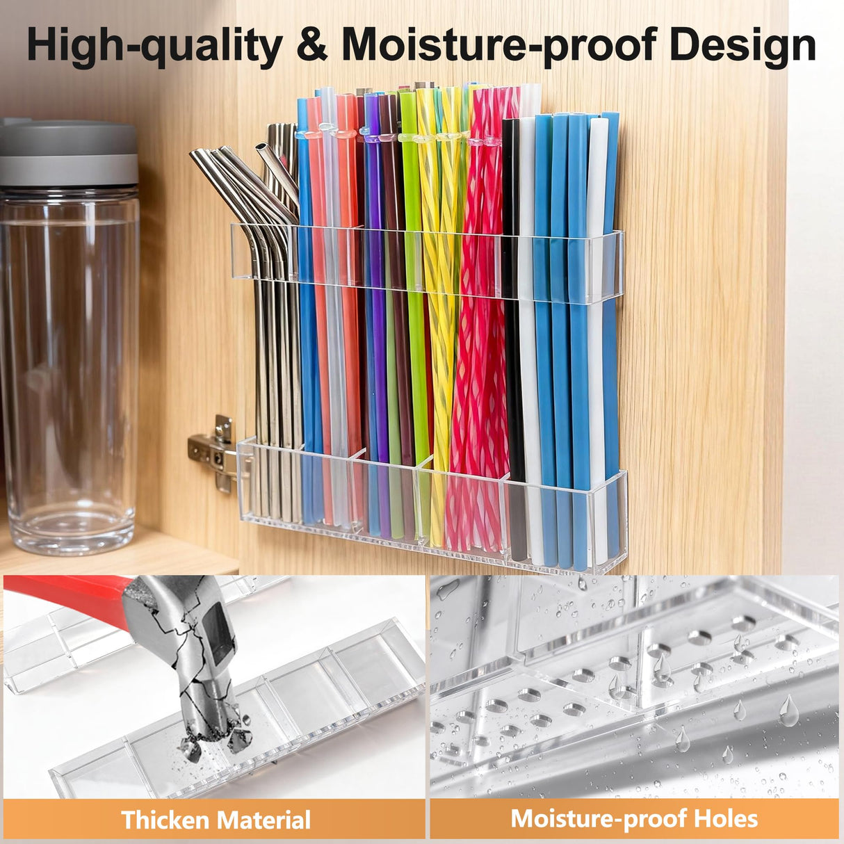 9.5” Large Acrylic Straw Holder for Cabinet Door, Reusable Adjustable Two-Part Straws Organizer with Ultra Sticky Adhesive Strips, 2026 Straw Storage for Kitchen Cupboard (Transparent)