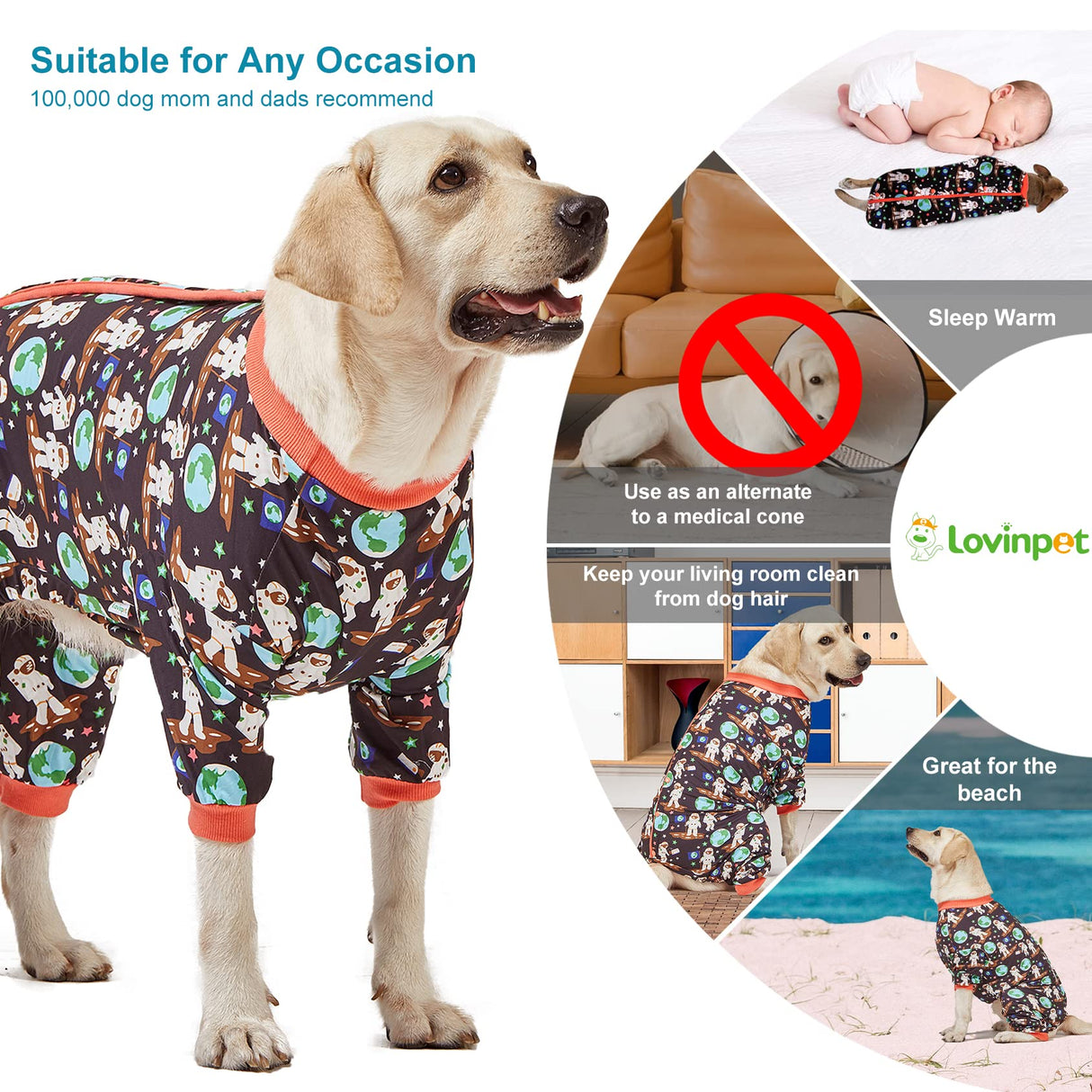 LovinPet Large Dog Shirt/Dogs Onesies/Doberman Sun Shield Shirt/Space Astronauts Black Print/Lightweight Pullover, Large Puppy PJ's/Full Coverage Doberman Pajamas /2XL