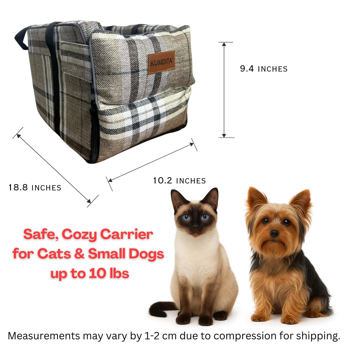 Kumdita' Center Console Dog Car Seat & Carrier for Small Dogs & Cats – Portable Booster with Sewn-in Leash, Machine Washable, Fits Most Vehicles (Classic Beige Check)