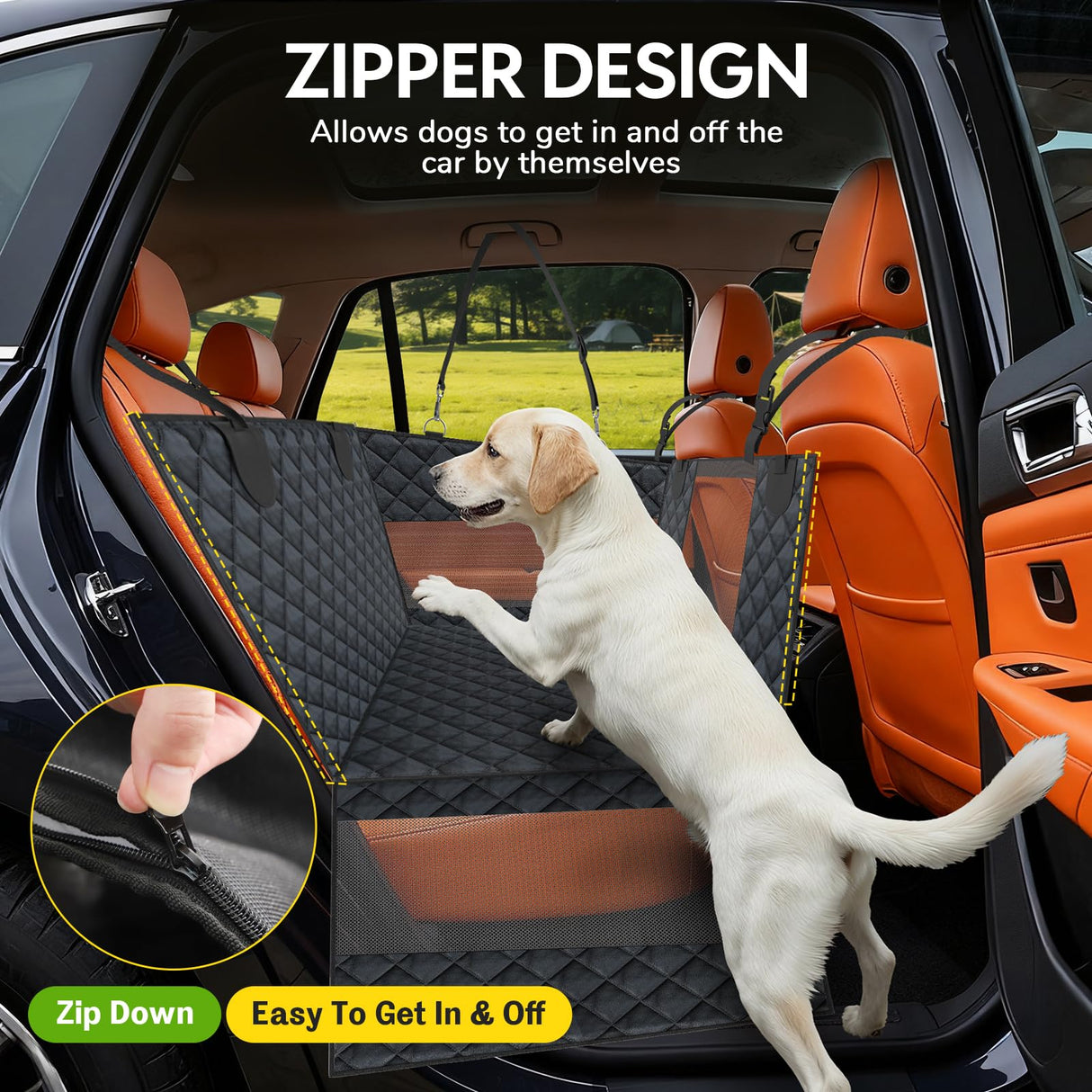 dessports Large PU Dog Car Seat - Waterproof Dog Back Seat Cover with 3 Mesh Windows - Hard Bottom Extender, Safety Belt, Non-Slip Hammock for SUV, Truck, Car
