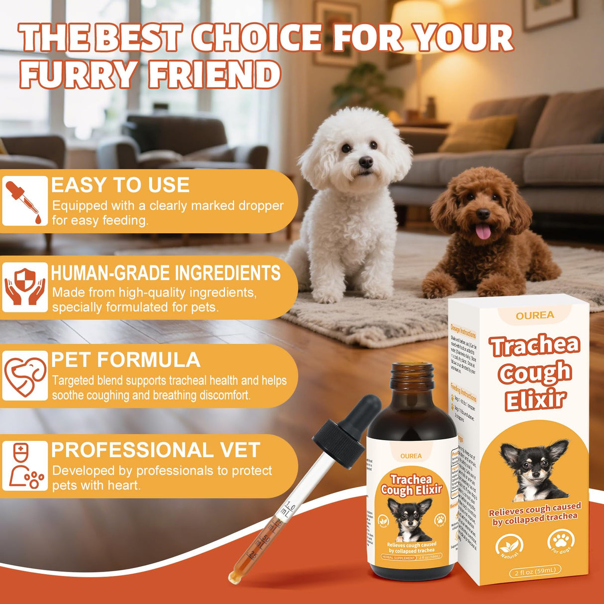 Ourea Collapsed Trachea Treatment for Dogs, Dog Cough Treatment, Trachea Cough Elixir, Natural Herbs Help Dogs Breathe Smoothly and Support Tracheal & Respiratory Health (2 fl oz)
