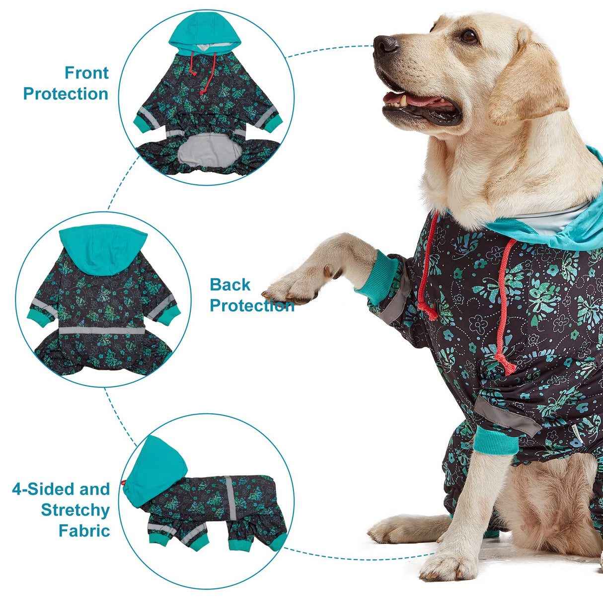 LovinPet Large Breed Dog Onesie Pajamas - UV & Wound Care, Dog Anxiety Relief, Dog Jammies, Reflective Stripe, Butterflies and Rings Black/Green Print, Post Surgery Pet PJ's /3XL