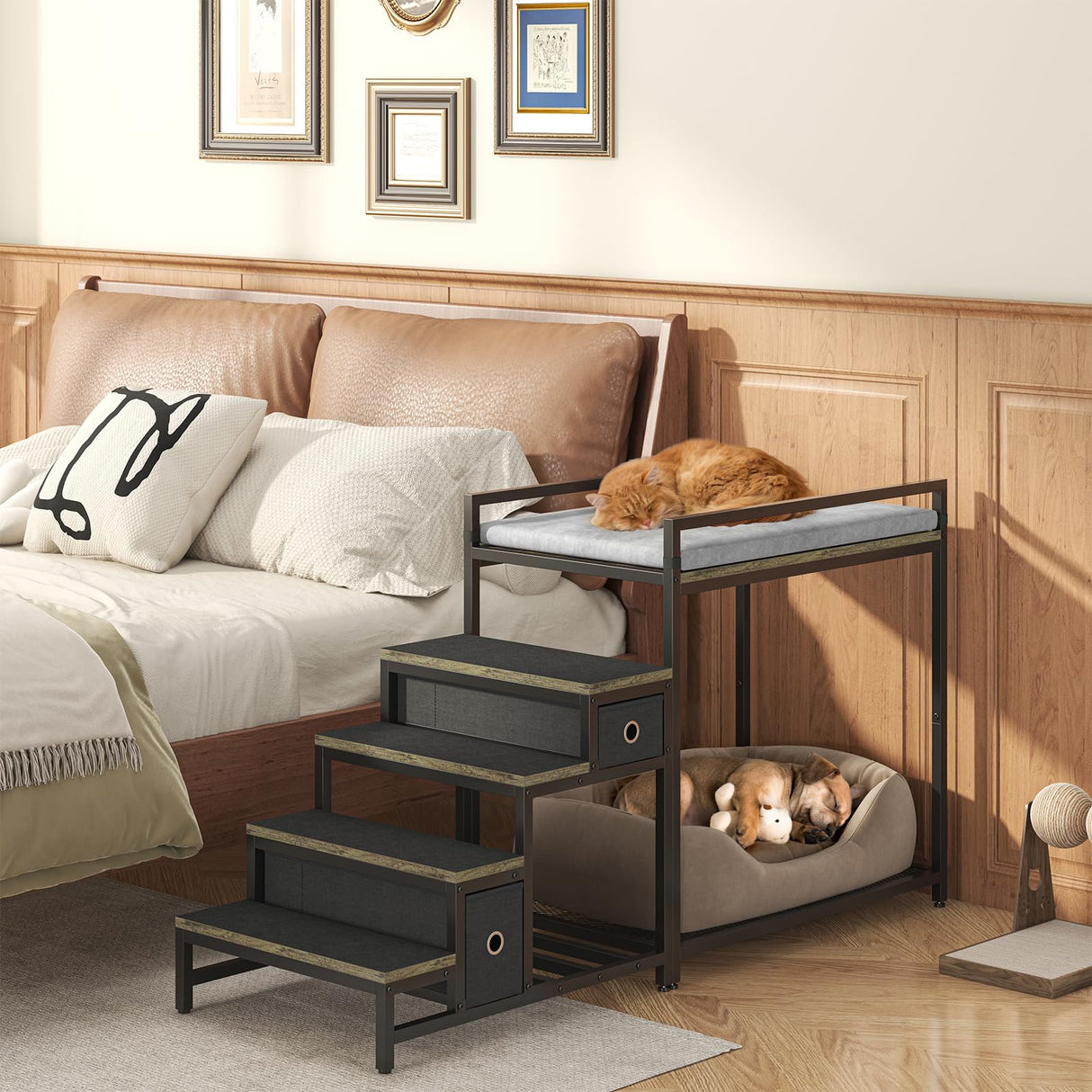 Saudism Pet Bunk Bed with Removable Stairs and 2 Drawers, Dogs/Cats Window Perch, Dog Window Seat with Soft Cushion, Ultra-Shallow Steps, Sturdy Metal Frame, Non-Slip, Load Capacity 60 LBS