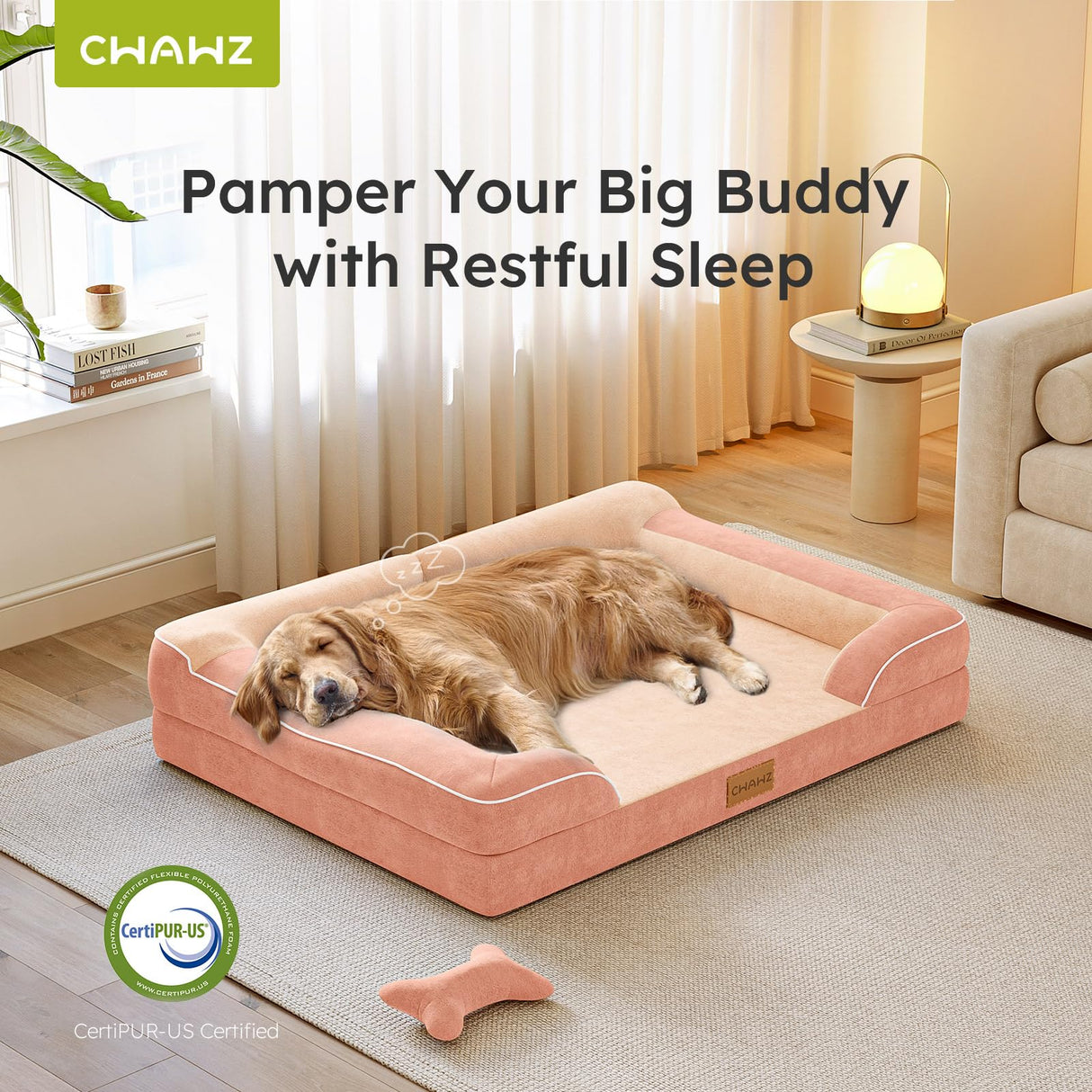 CWAWZ Extra Large Dog Bed, Orthopedic Dog Bed with Cooling Gel Memory Foam, Waterproof XL Pet Bed with Removable Washable Cover, 42" Pet Sofa Couch Dutch Velvet with Bone Toy, Peach Pink