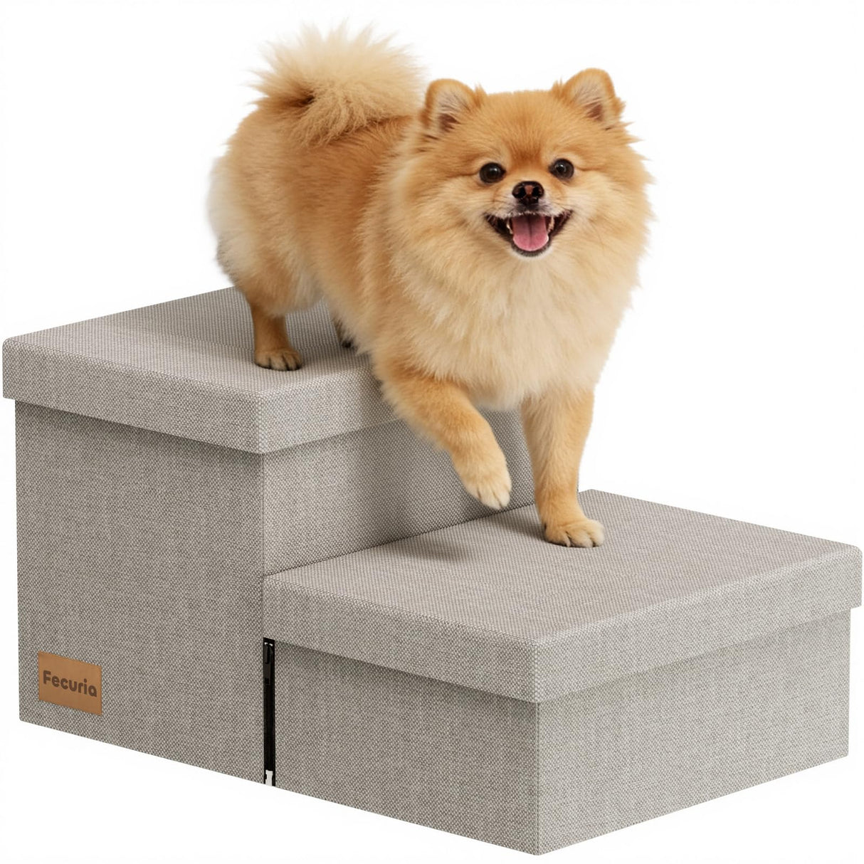 Fecuria 2-Step Wide Dog Stairs with Storage 11" H, Non-Slip Sturdy Pet Steps for Couch Chair, Dog Steps for Small/Medium Old Dogs, Cats, Rabbits Up to 150lbs, Foldable Cat Puppy Stairs for Car, Grey